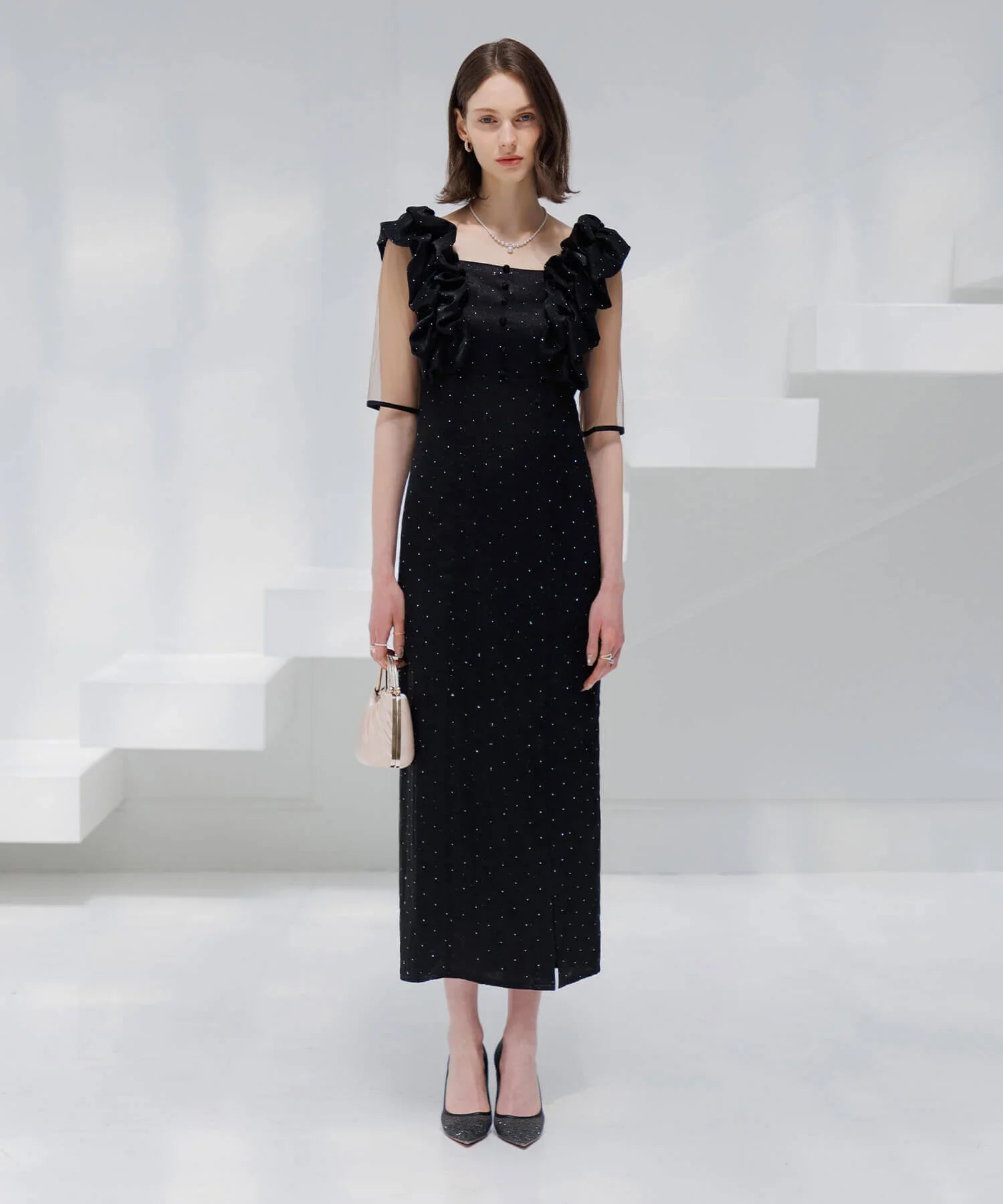 【当日発送】フリルショルダーストーンIラインワンピースドレス