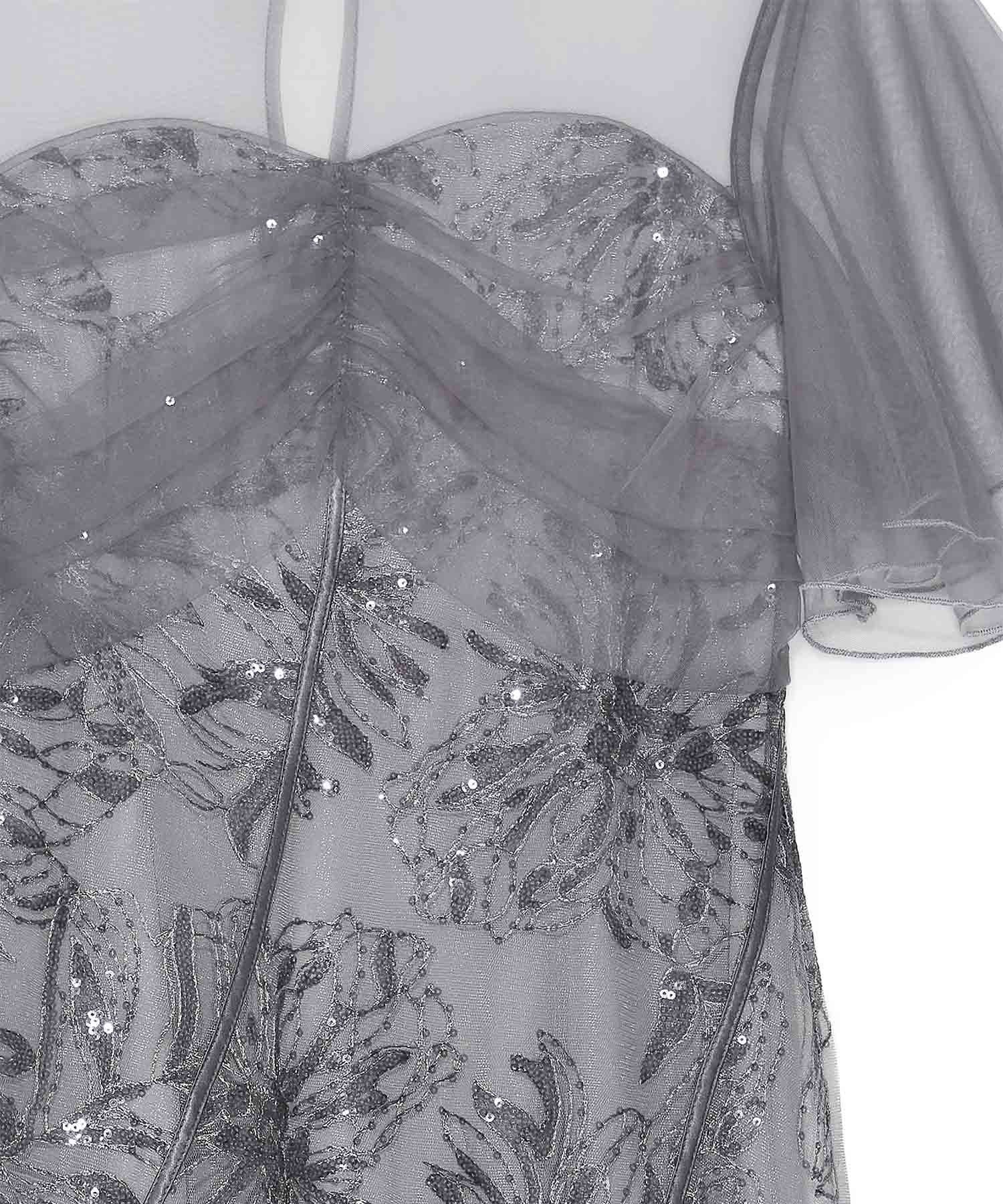 【予約販売】フラワースパンコールチュールフレアスリーブマーメイドワンピースドレス