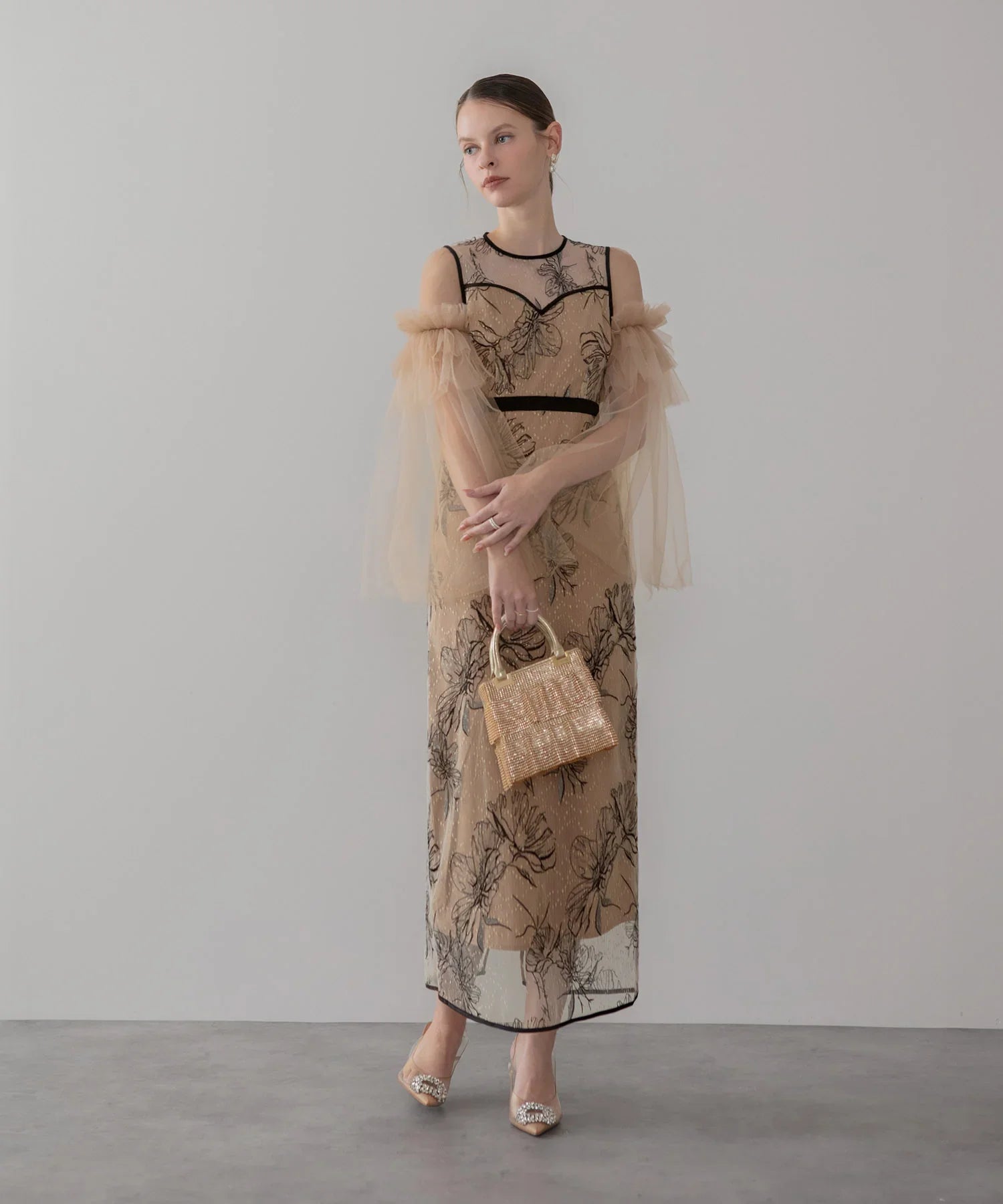 【当日発送】フラワーチュールフリルスリーブIラインワンピースドレス