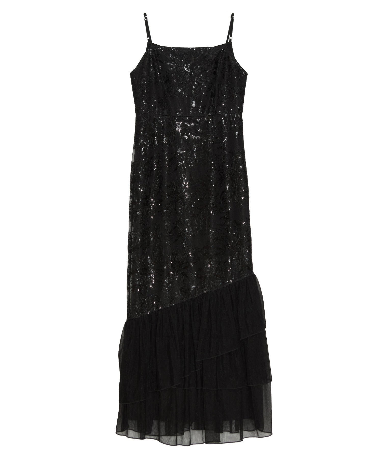 【一部当日発送】フラワースパンコールチュールフリルスリーブIラインワンピースドレス