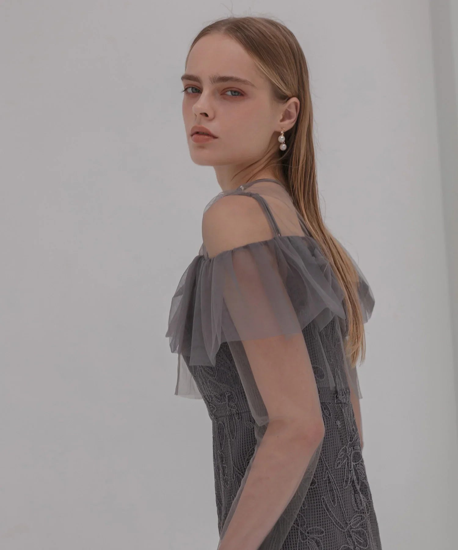 【当日発送】2WAYアシンメトリーフリルチュールフラワーIラインワンピースドレス