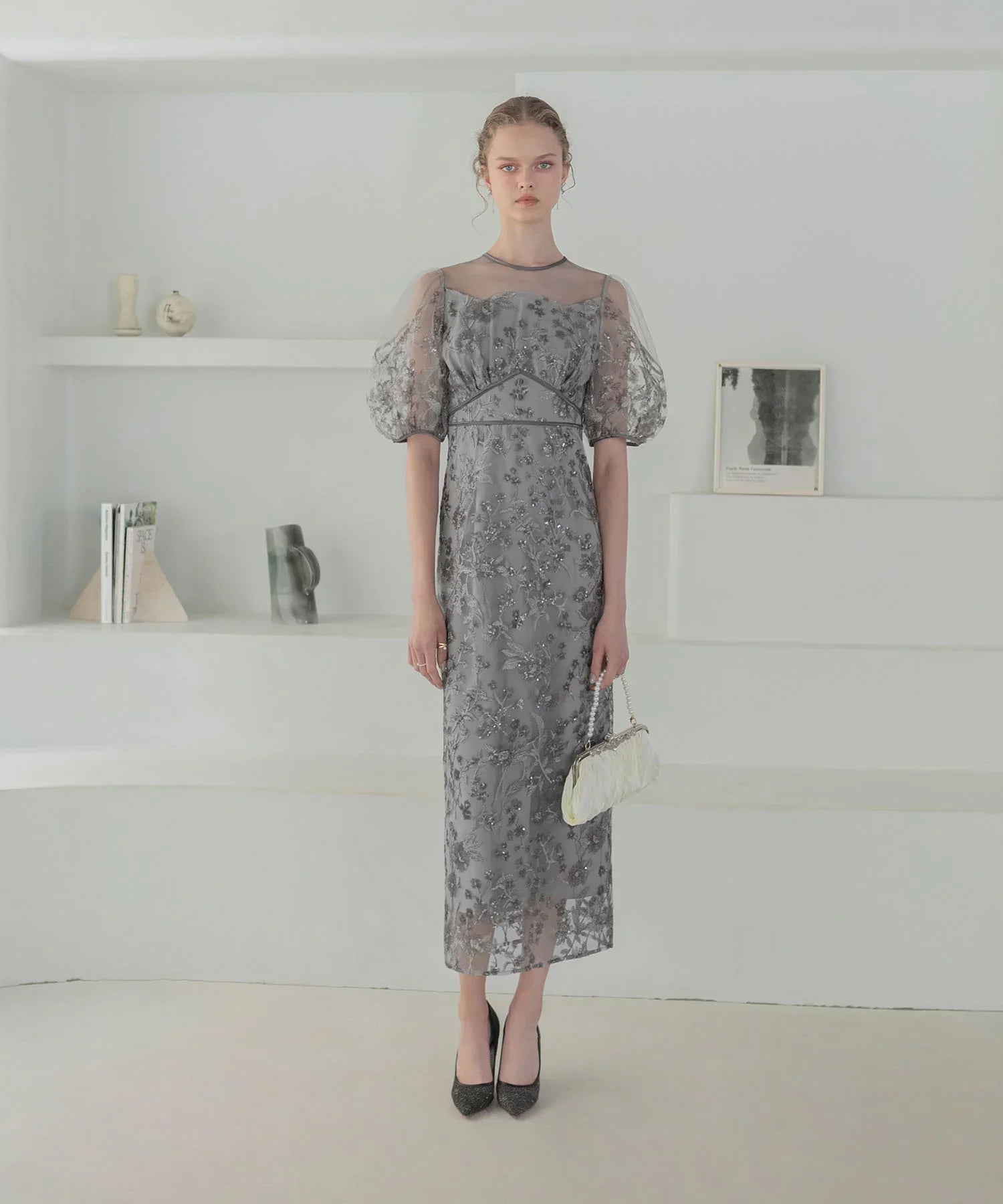 【当日発送】フラワーディテールパフスリーブIラインワンピースドレス