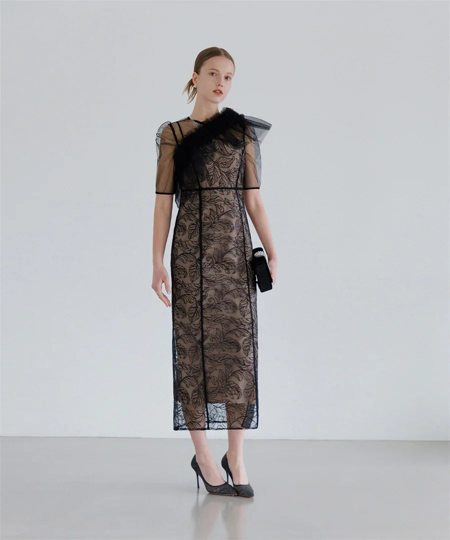 【当日発送】3WAYフラワーチュールアシンメトリーIラインワンピースドレス