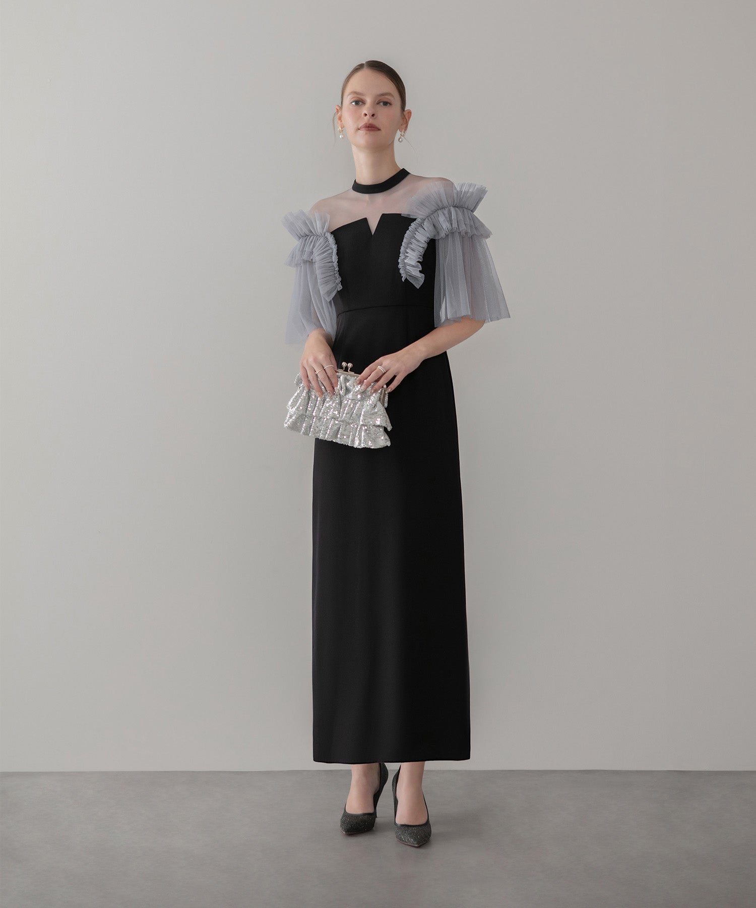 【当日発送】チュールフリルショルダーシアーIラインワンピースドレス