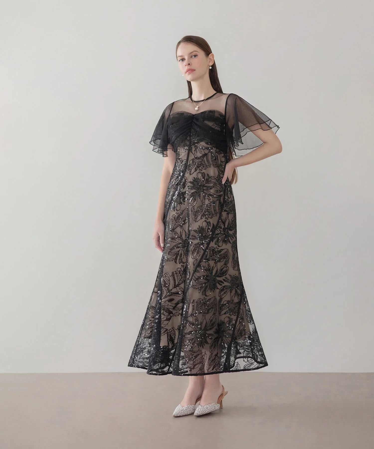 【当日発送】フラワースパンコールチュールフレアスリーブマーメイドワンピースドレス