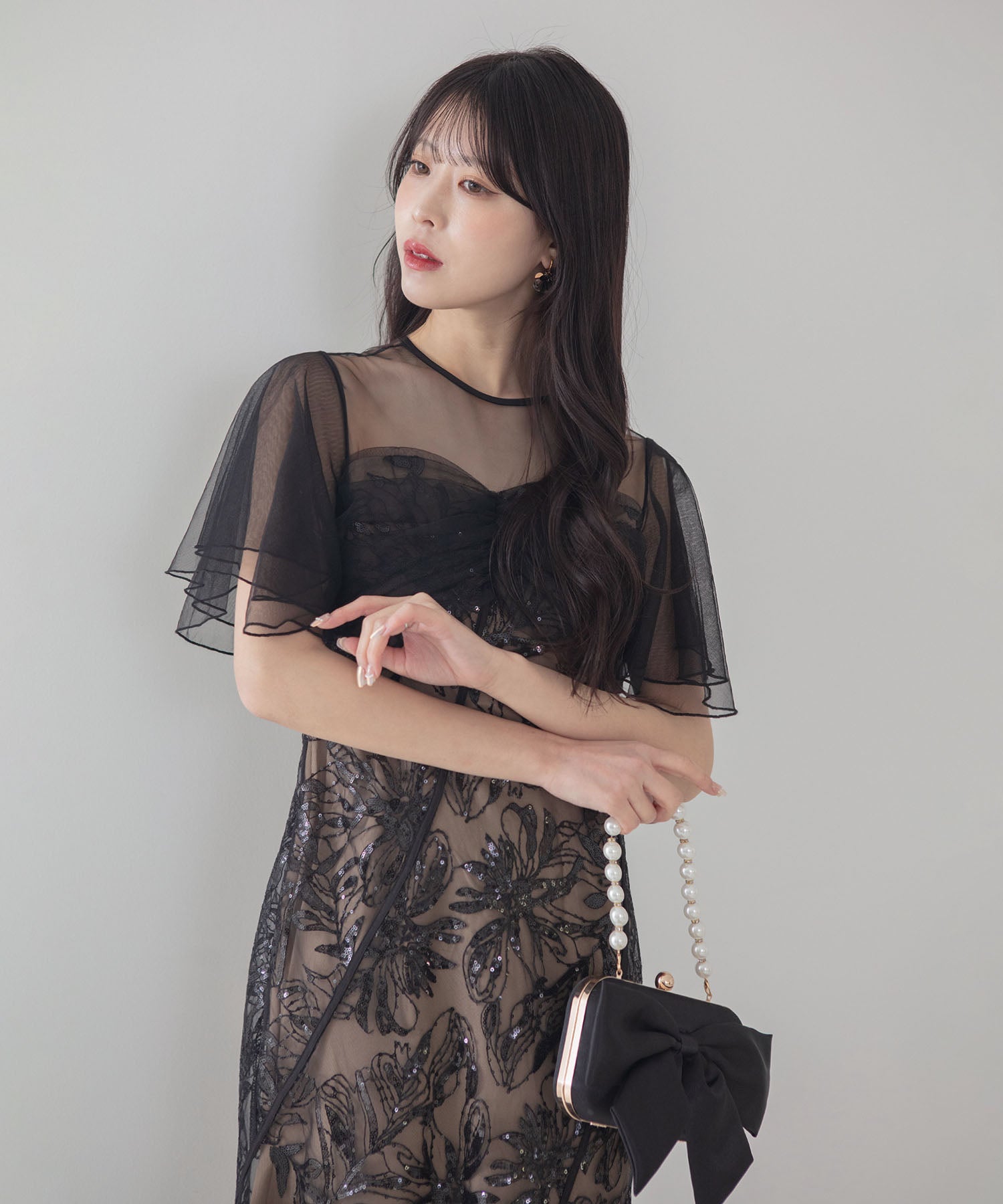 【予約販売】フラワースパンコールチュールフレアスリーブマーメイドワンピースドレス