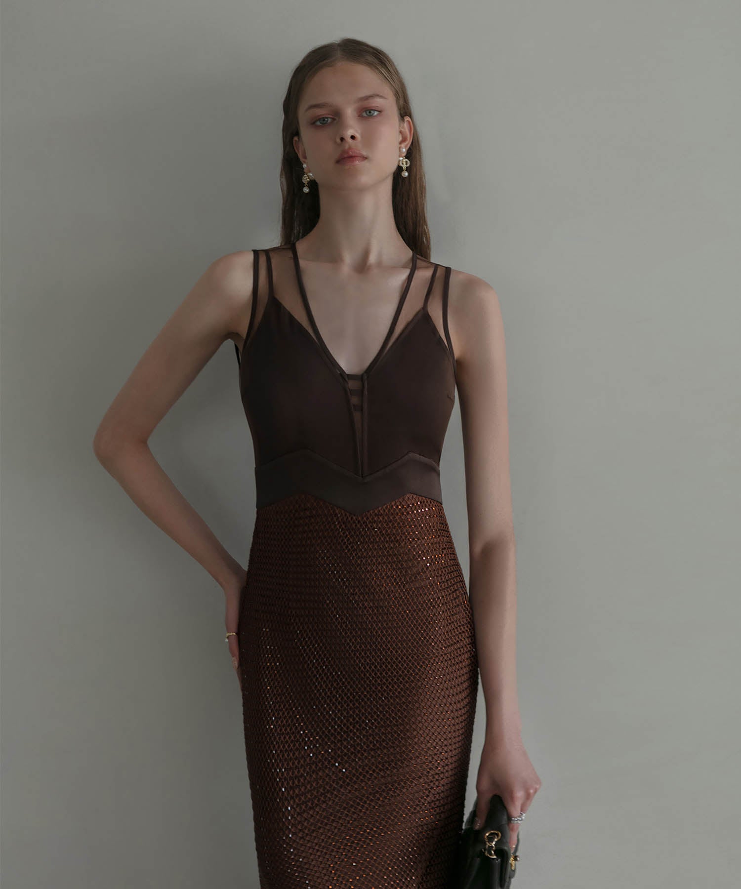 【LEJA LUXE】VネックメッシュストーンIラインドレス