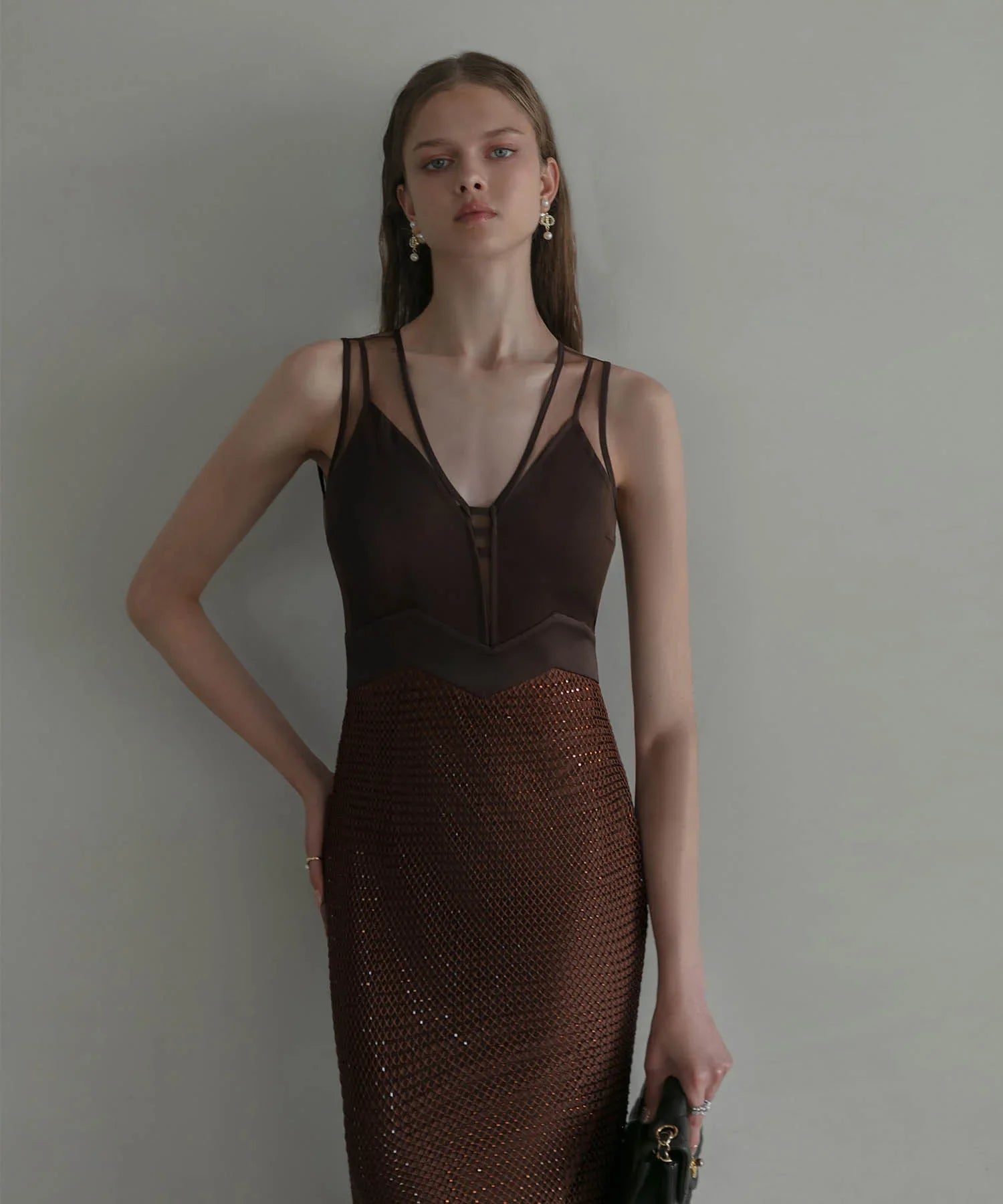 【LEJA LUXE】VネックメッシュストーンIラインドレス