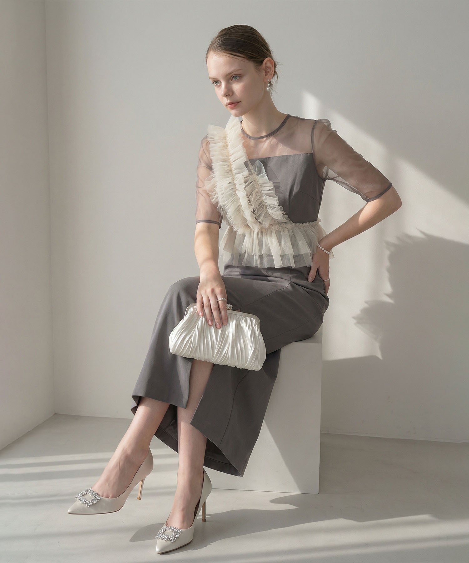 【当日発送】アシンメトリーフリルチュールIラインワンピースドレス