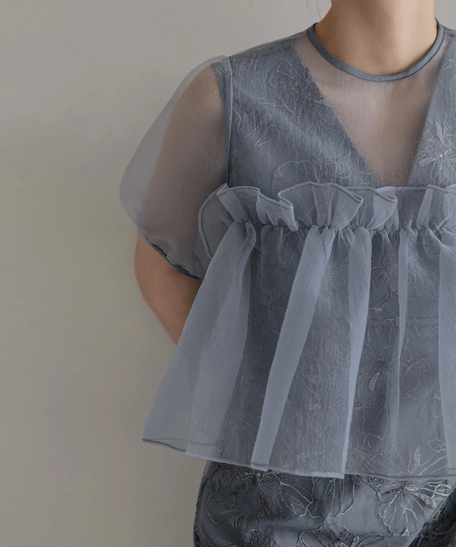 【当日発送】ボリュームシアーフリルジャガードIラインワンピースドレス