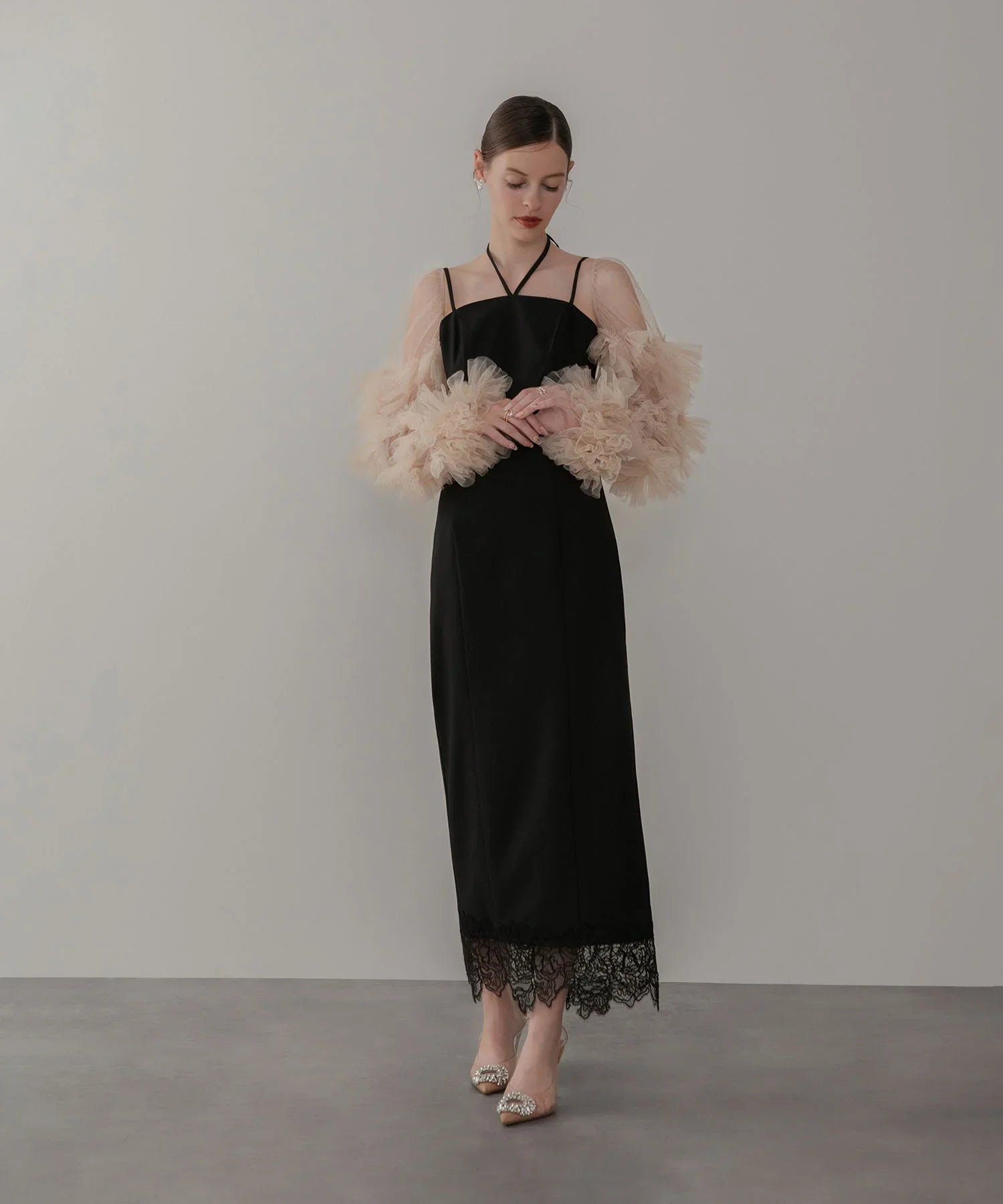 【当日発送】チュールフリルスリーブベストセットワンピースドレス