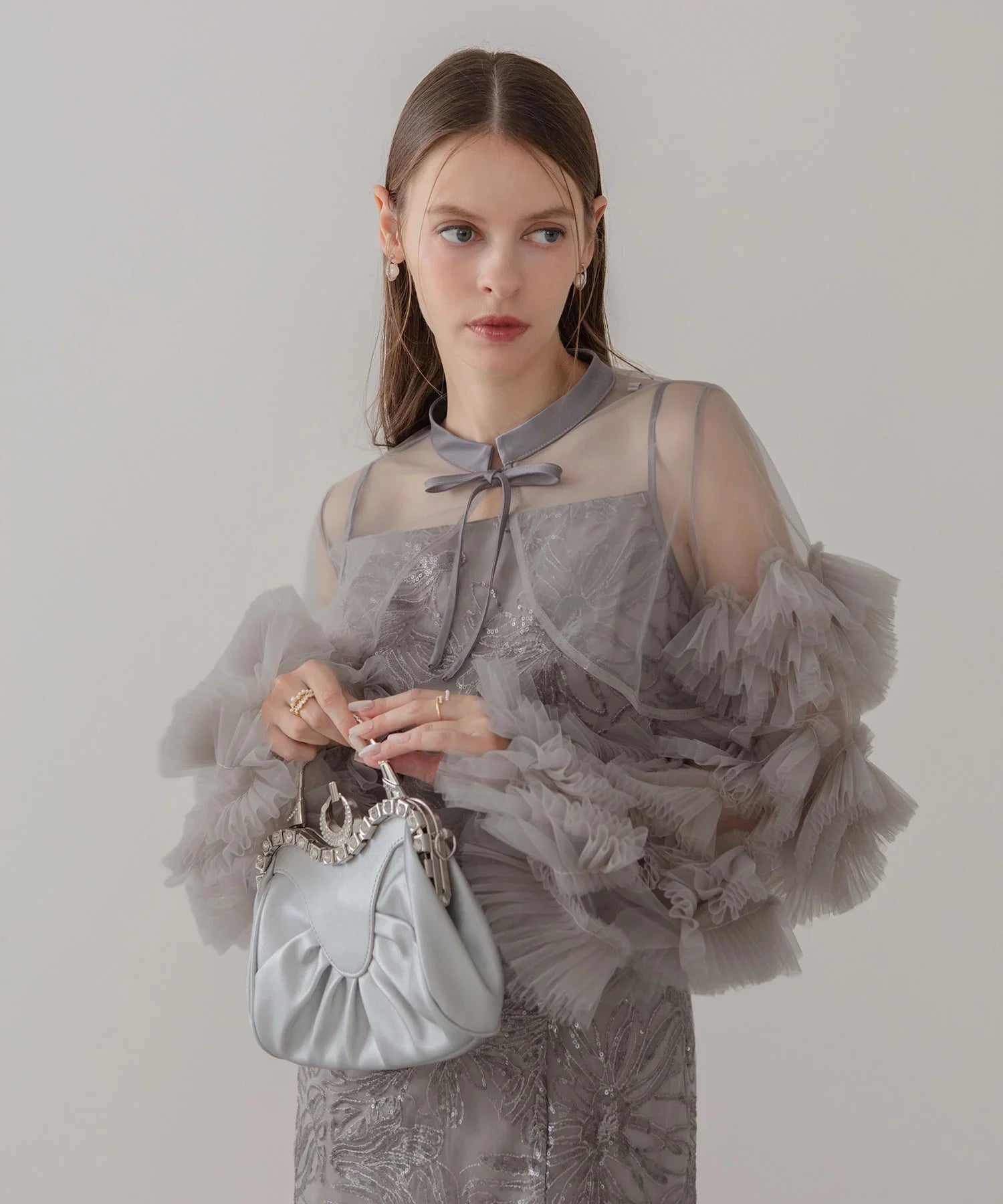 【一部当日発送】フリルチュールスリーブリボンIラインワンピースドレス