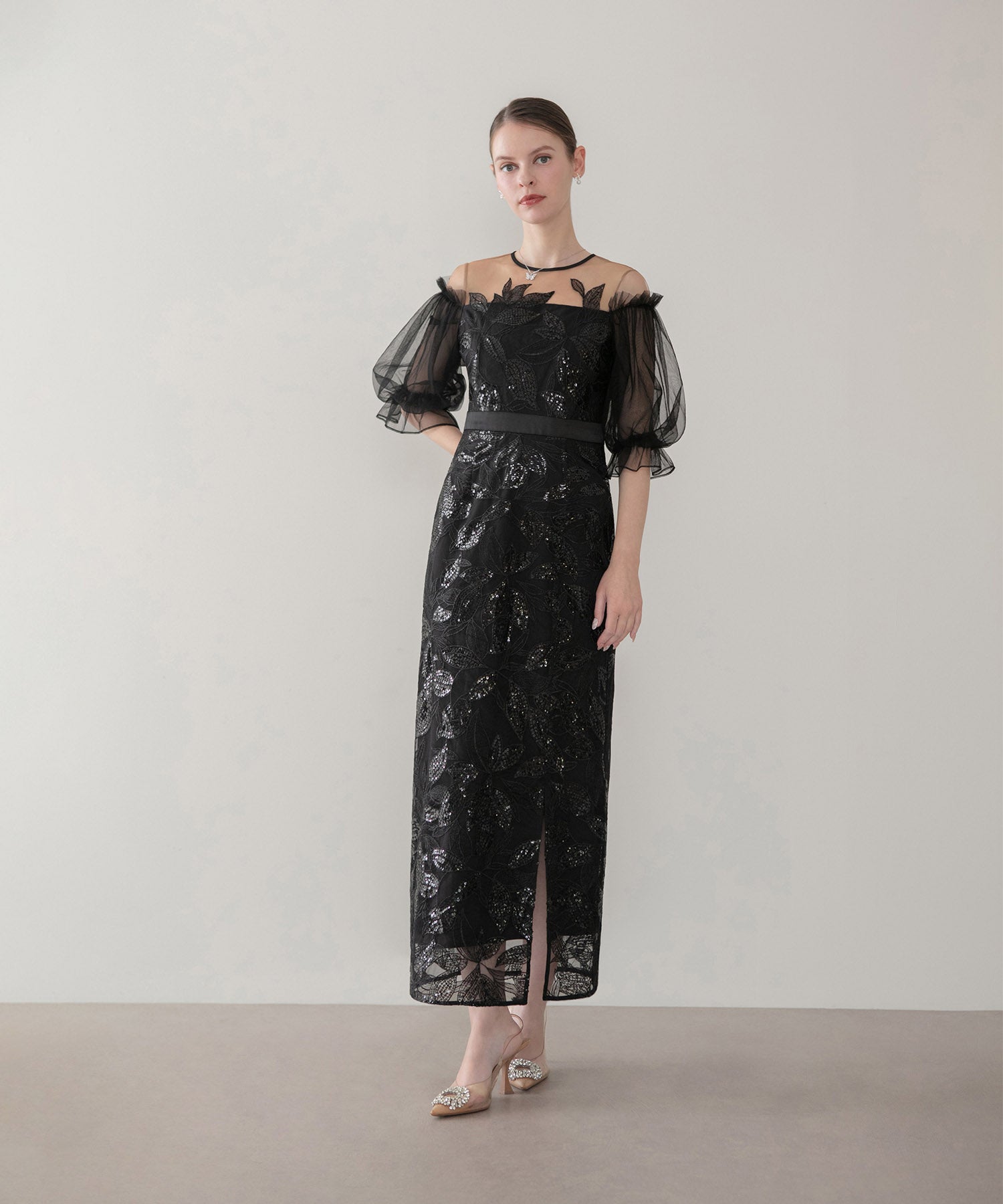 【当日発送】リーフスパンコールチュールパフスリーブIラインワンピースドレス