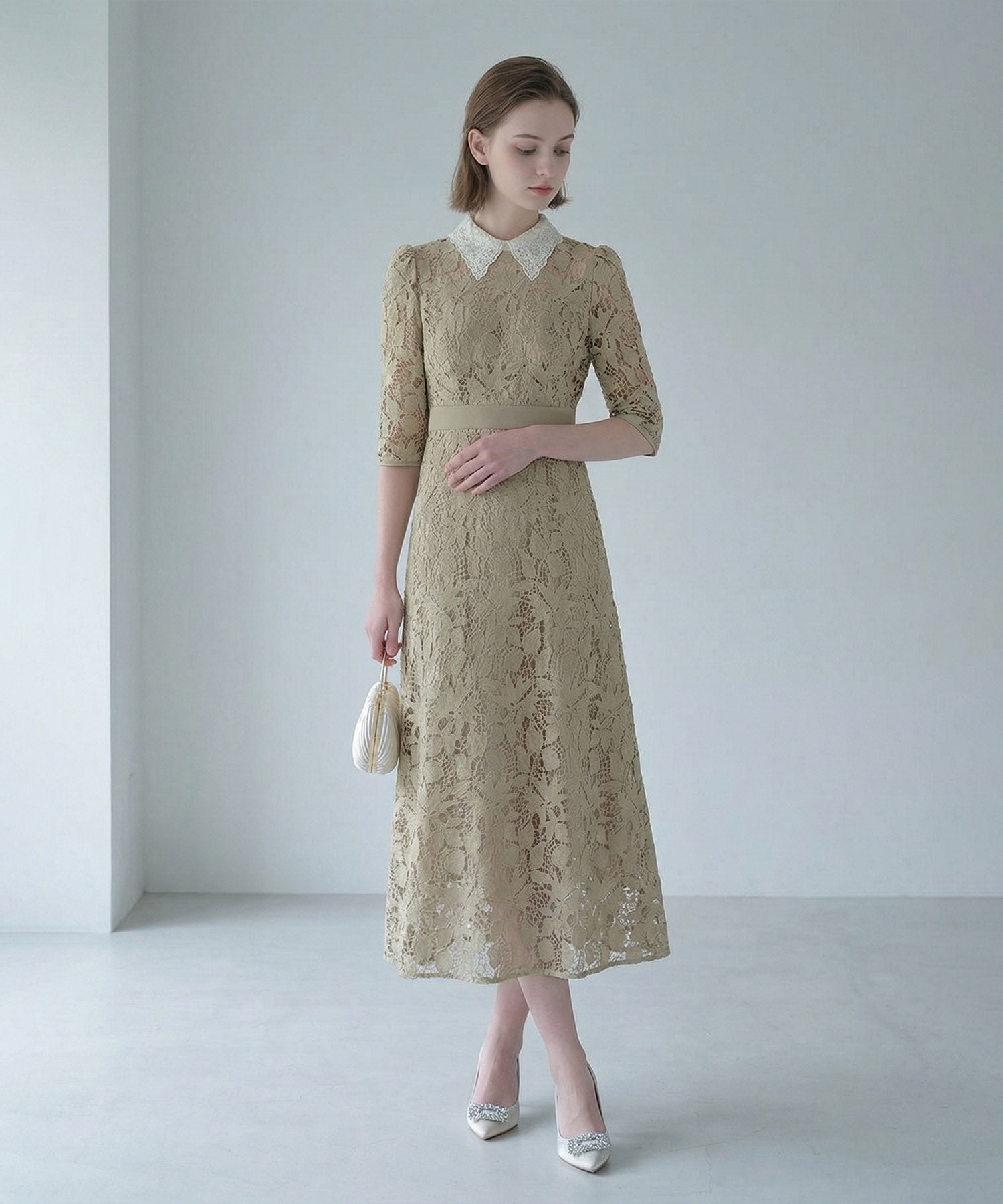 【当日発送】花柄レースビジューカラーAラインワンピースドレス