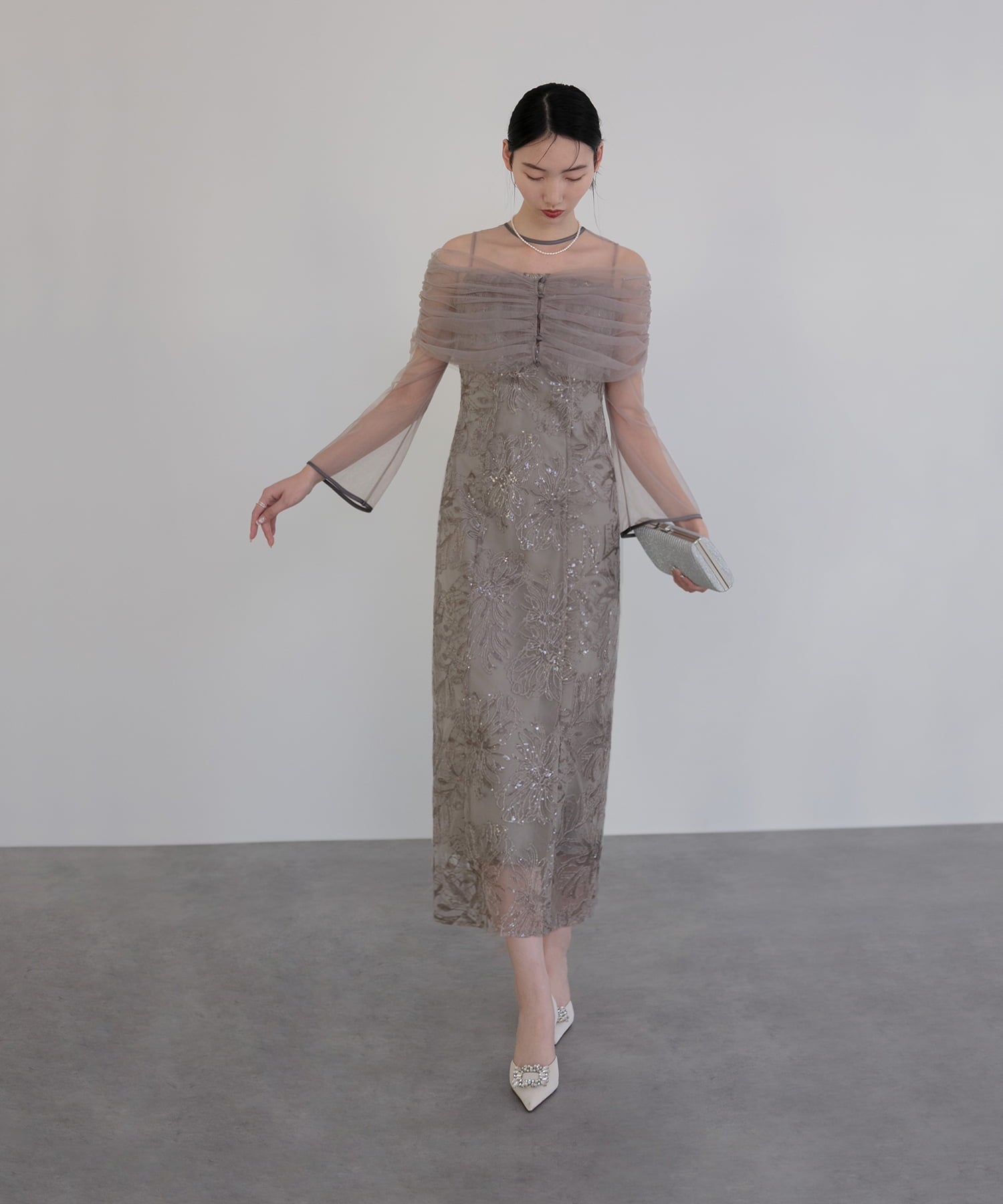 【当日発送】チュールオフショルダー花柄Iラインワンピースドレス