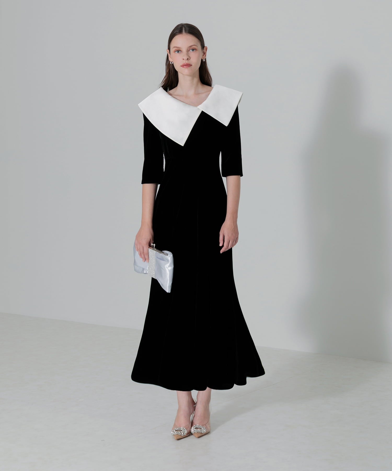 【当日発送】アシンメトリービッグカラーベロアマーメイドワンピースドレス