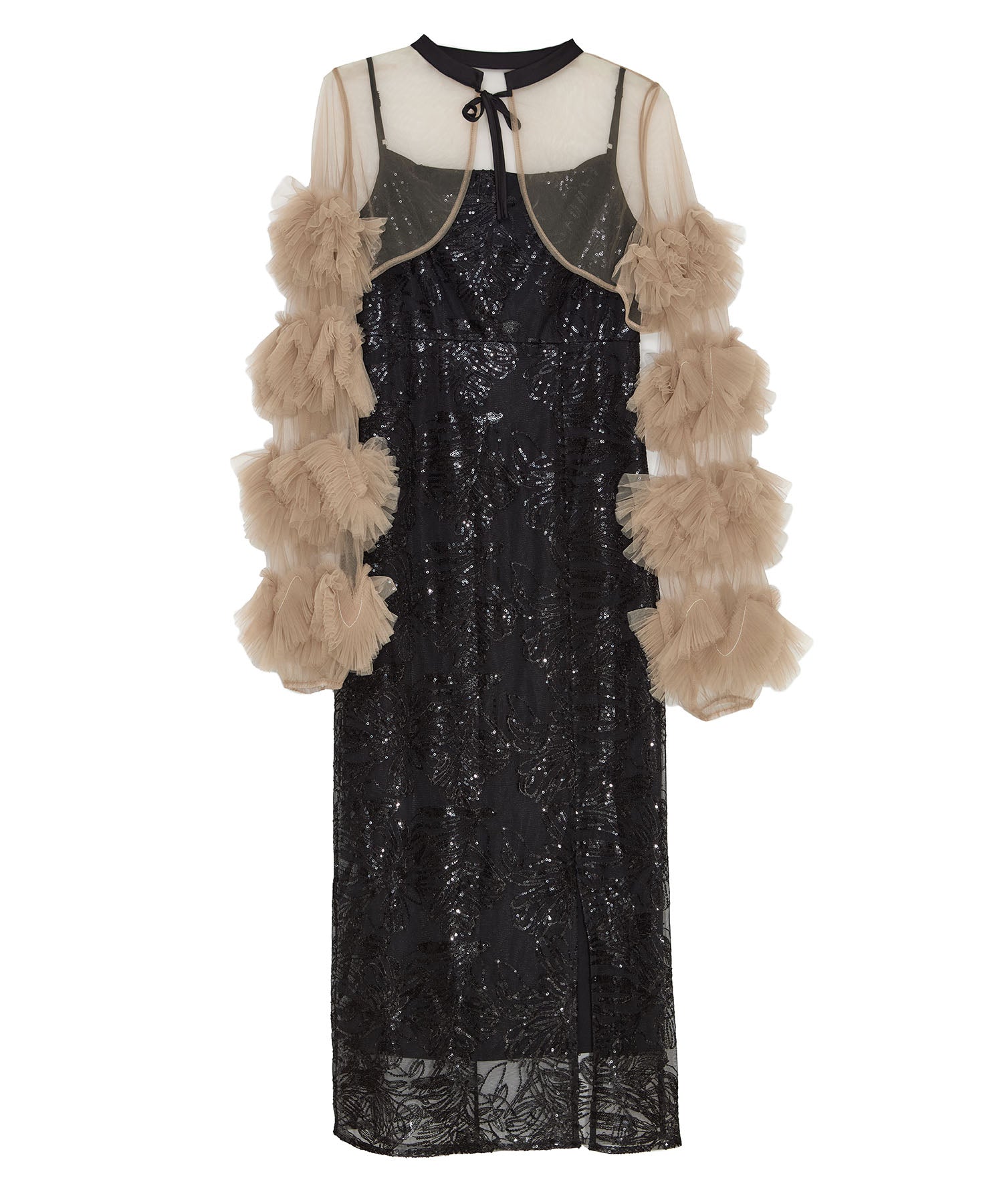 【一部当日発送】フリルチュールスリーブリボンIラインワンピースドレス