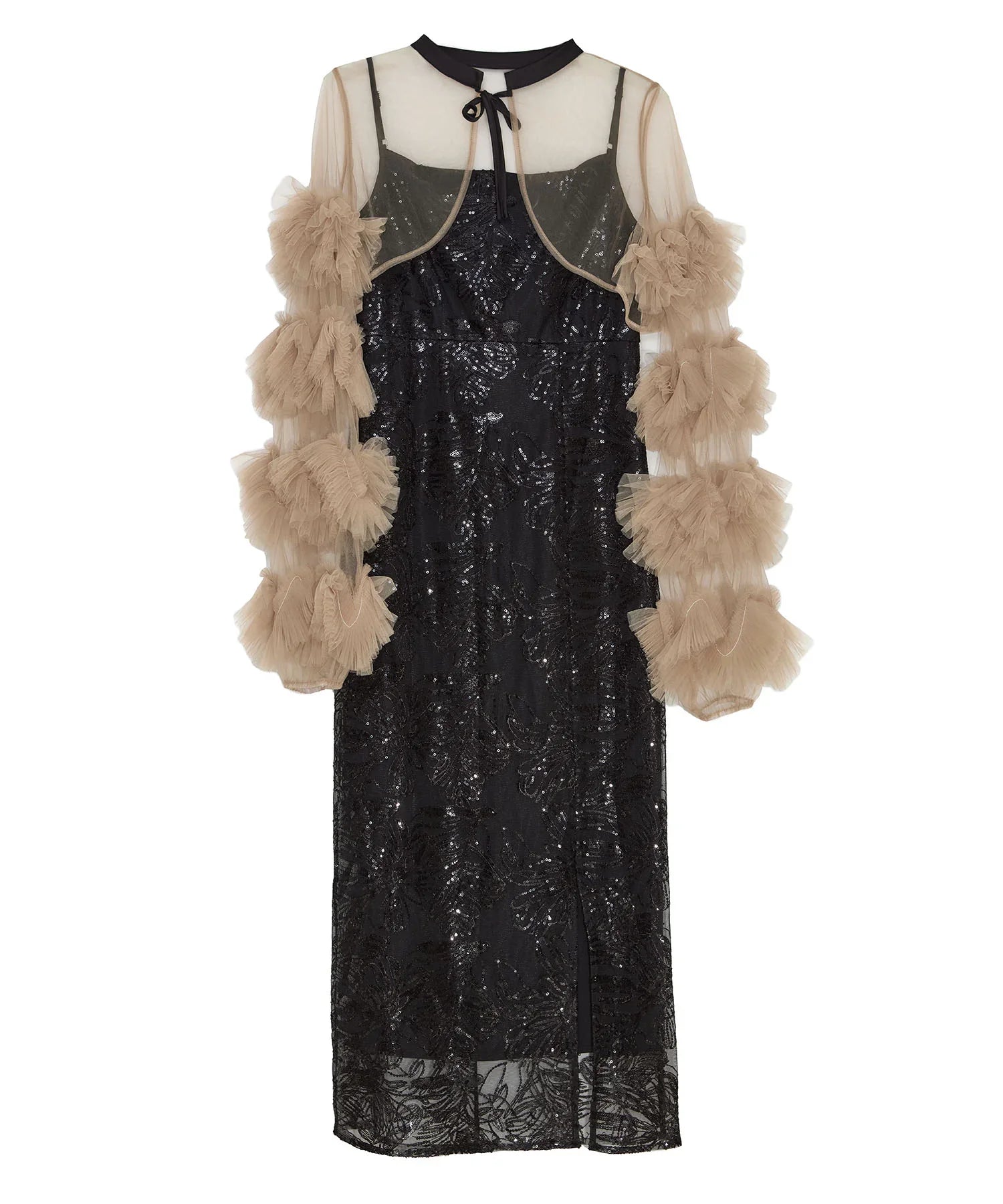 【当日発送】フリルチュールスリーブリボンIラインワンピースドレス