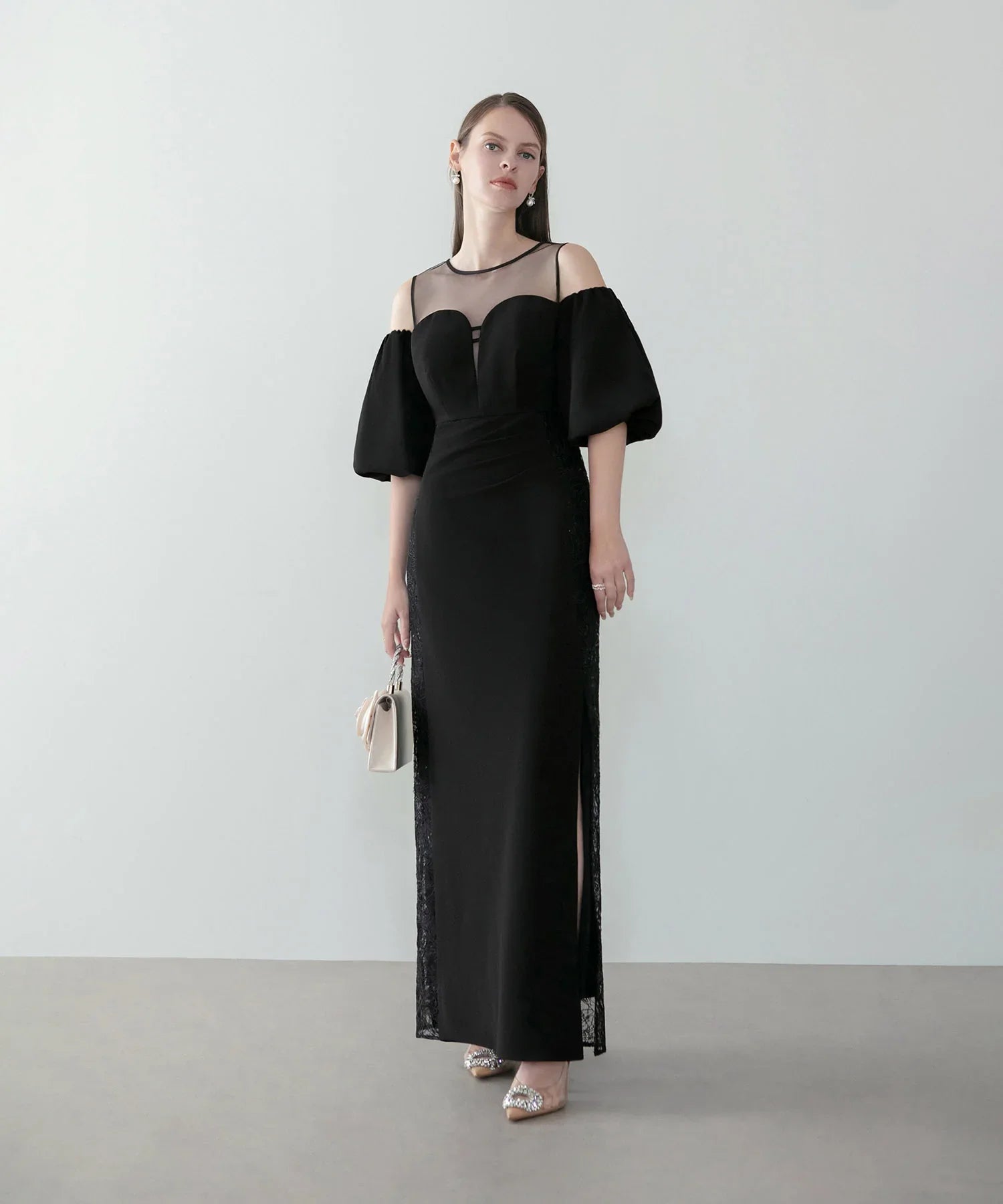 【LEJA LUXE】サイドレースシアーデコルテパフスリーブスリットドレス
