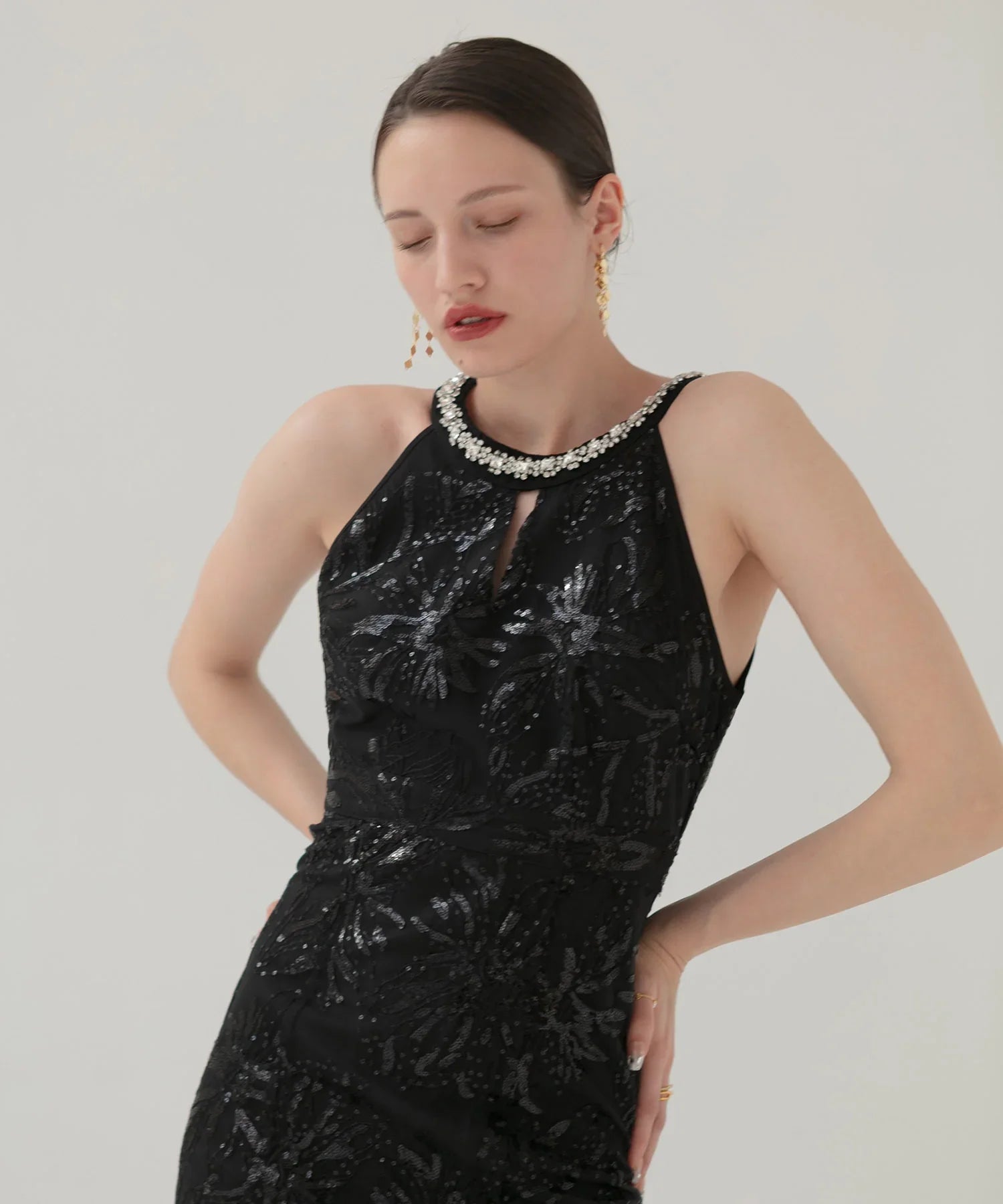 【LEJA LUXE】Beaded halter neck botanical mermaid dress