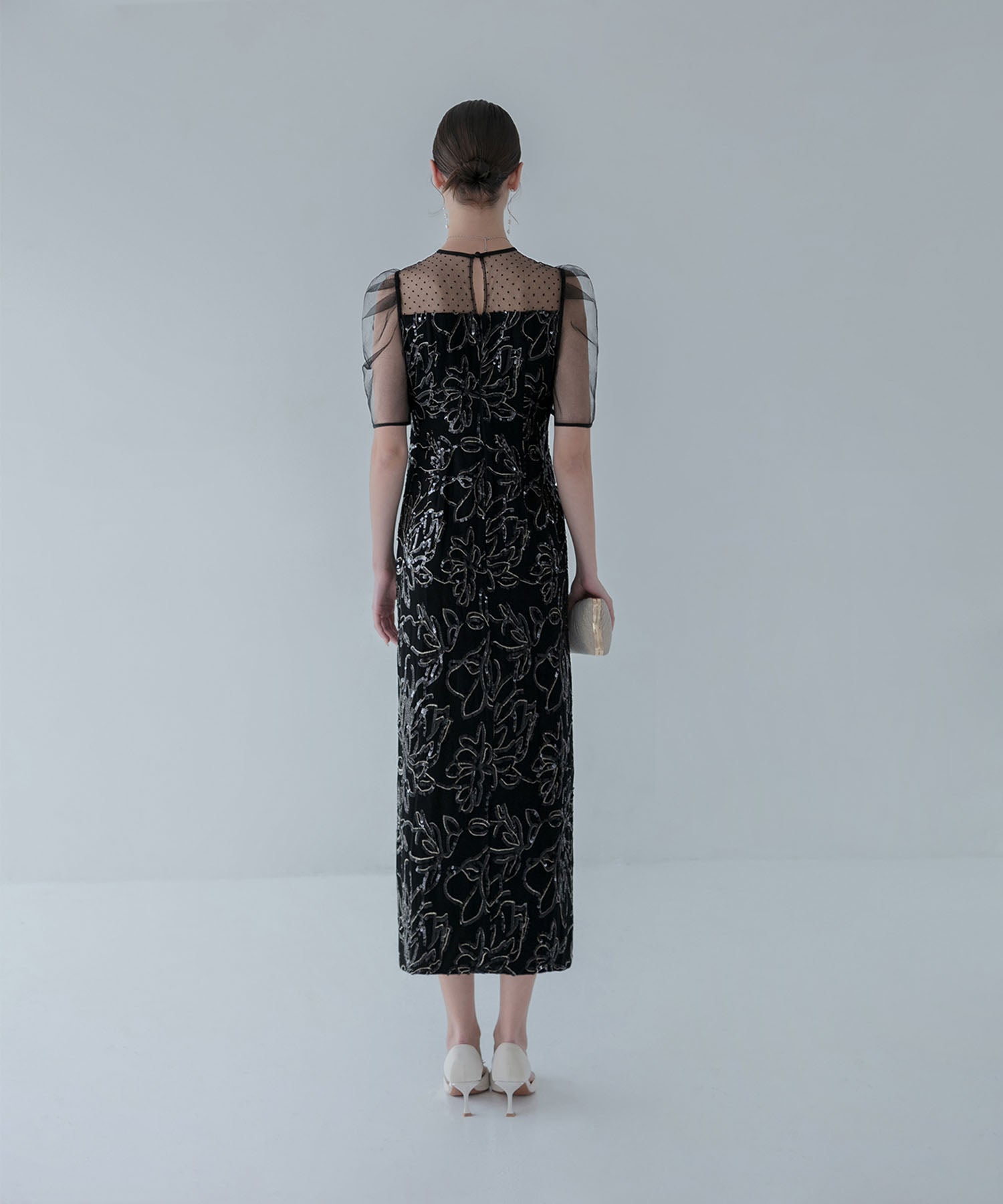 【当日発送】ドットチュールフラワースパンコールIラインワンピースドレス