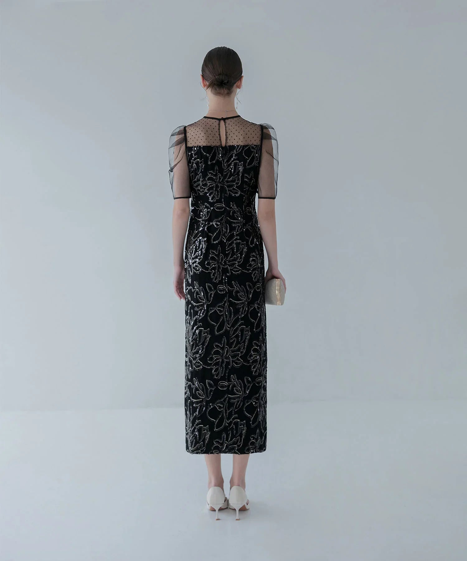 【当日発送】ドットチュールフラワースパンコールIラインワンピースドレス