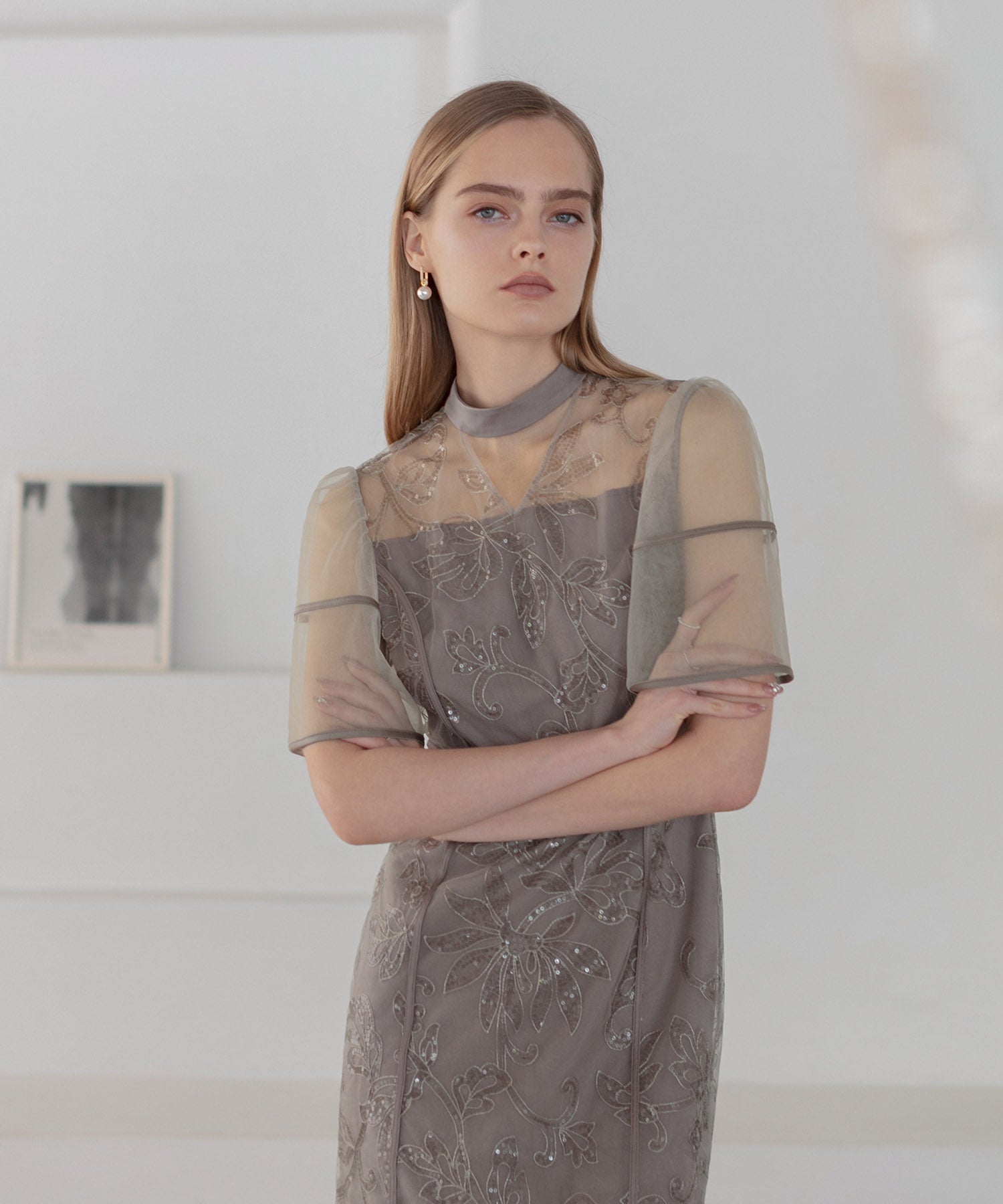 【当日発送】スパンコールフラワーIラインワンピースドレス