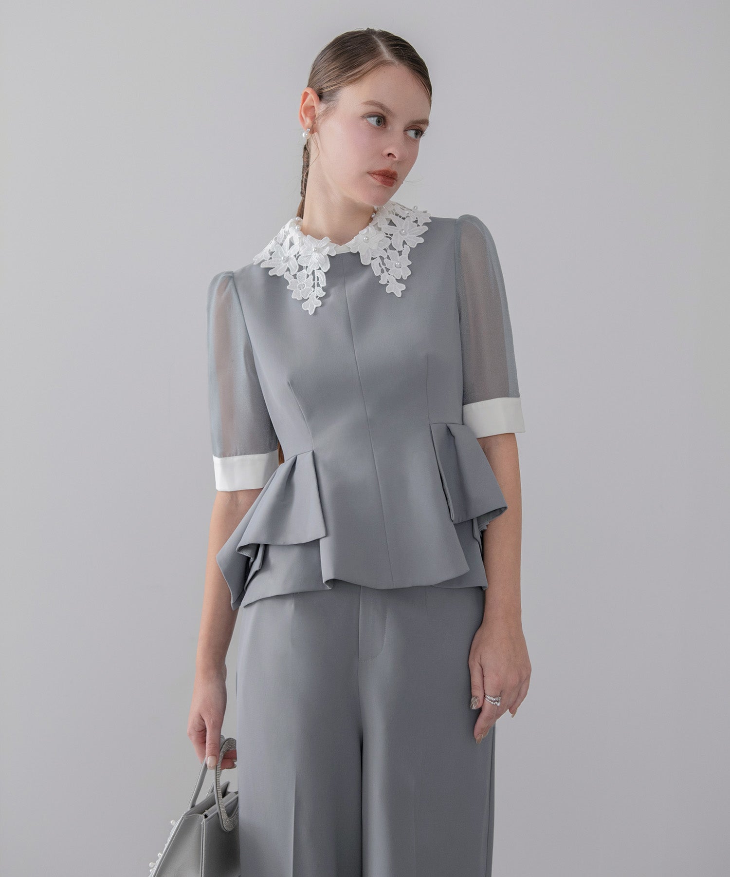 【当日発送】レースカラーペプラムブラウスパンツセットアップドレス