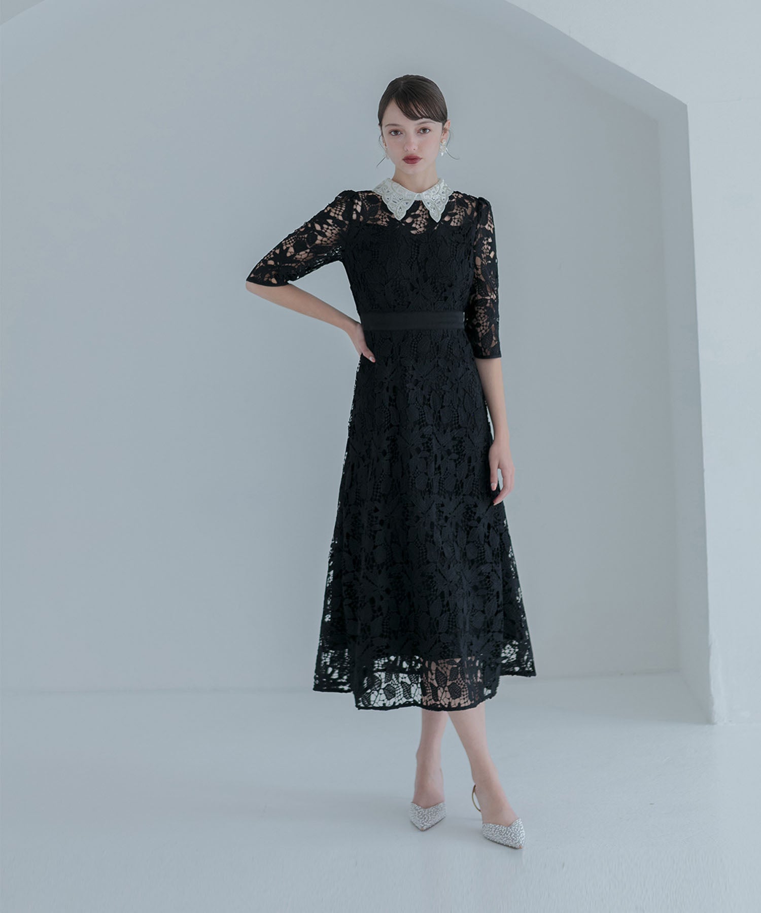 【一部当日発送】花柄レースビジューカラーAラインワンピースドレス