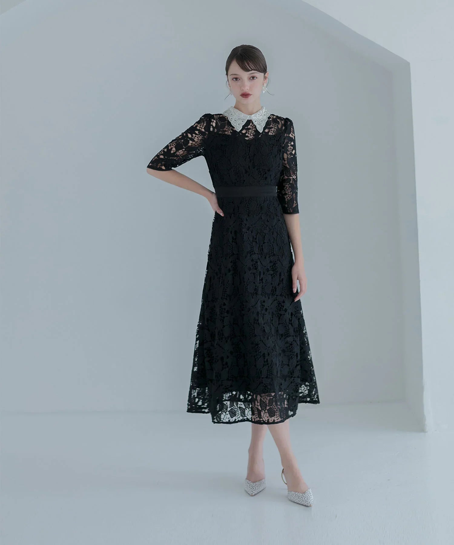 【一部当日発送】花柄レースビジューカラーAラインワンピースドレス