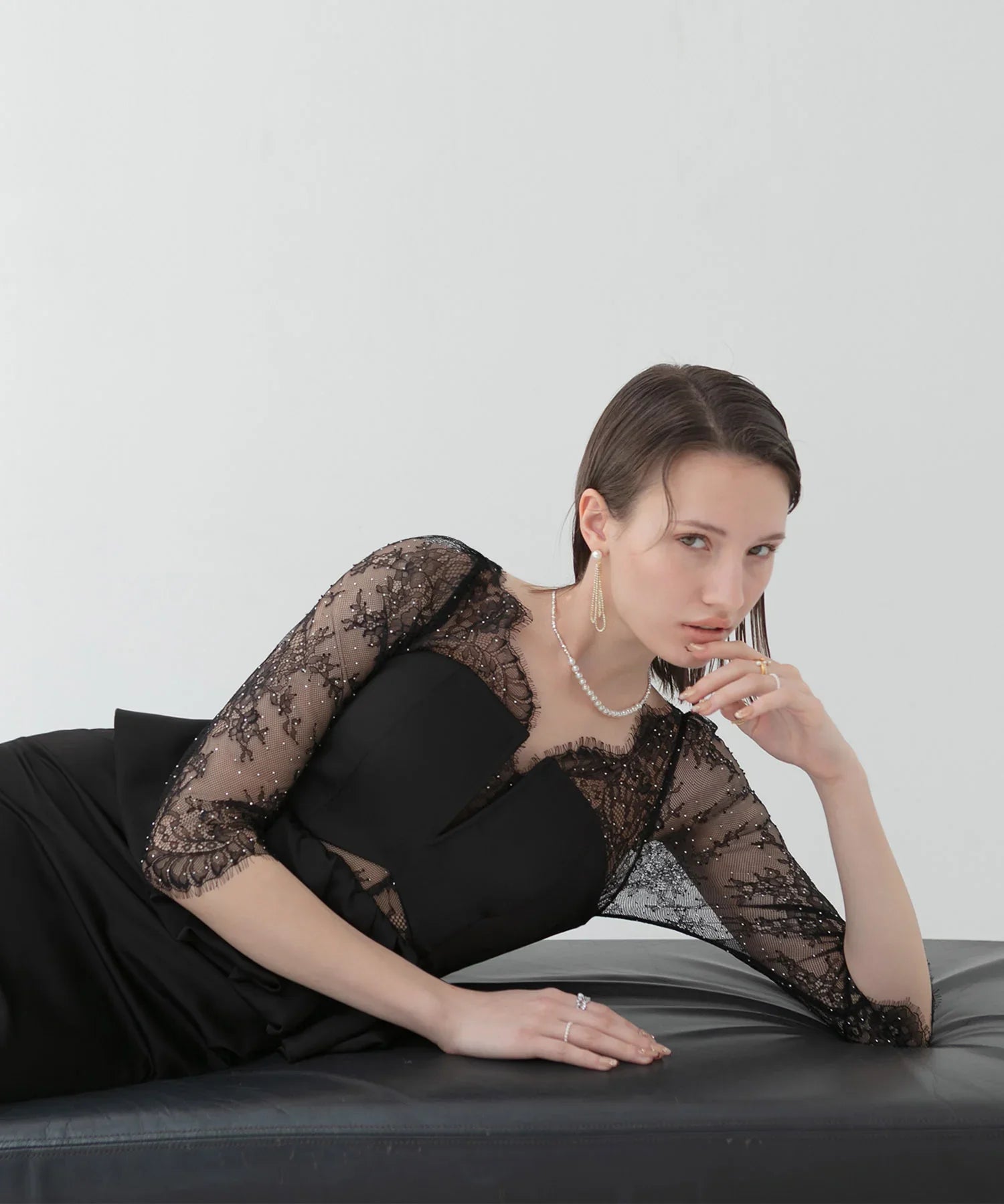 【LEJA LUXE】Lace stone peplum mermaid dress