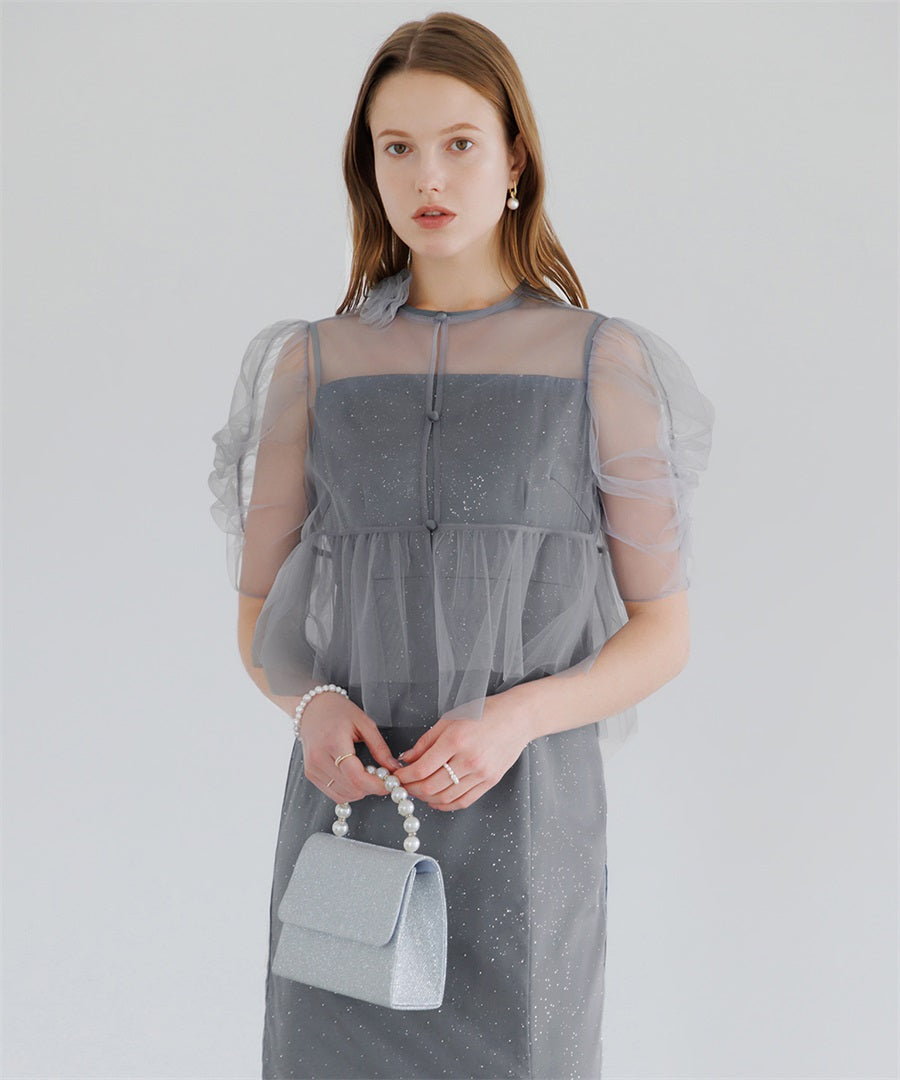 【当日発送】チュールフラワーモチーフドットストーンIラインワンピースドレス