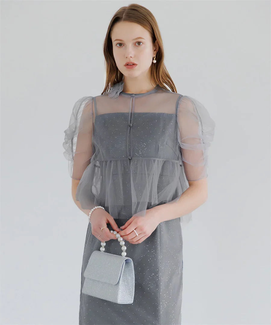 【当日発送】チュールフラワーモチーフドットストーンIラインワンピースドレス