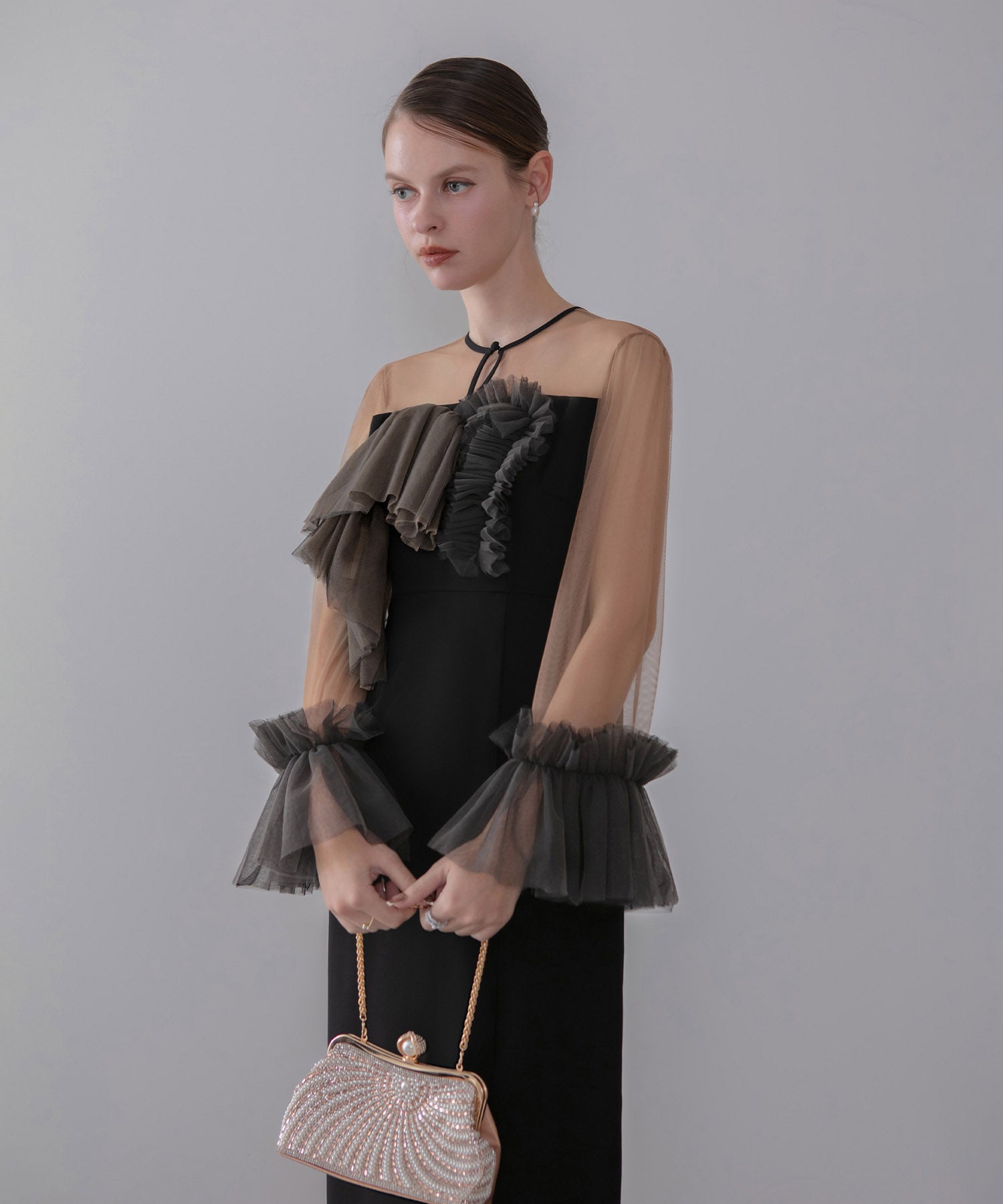 【当日発送】チュールフリルスリーブIラインワンピースドレス