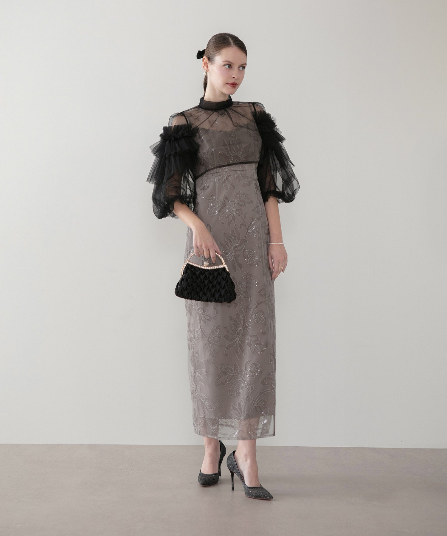 【当日発送】フリルチュールスパンコールフローラルIラインワンピースドレス