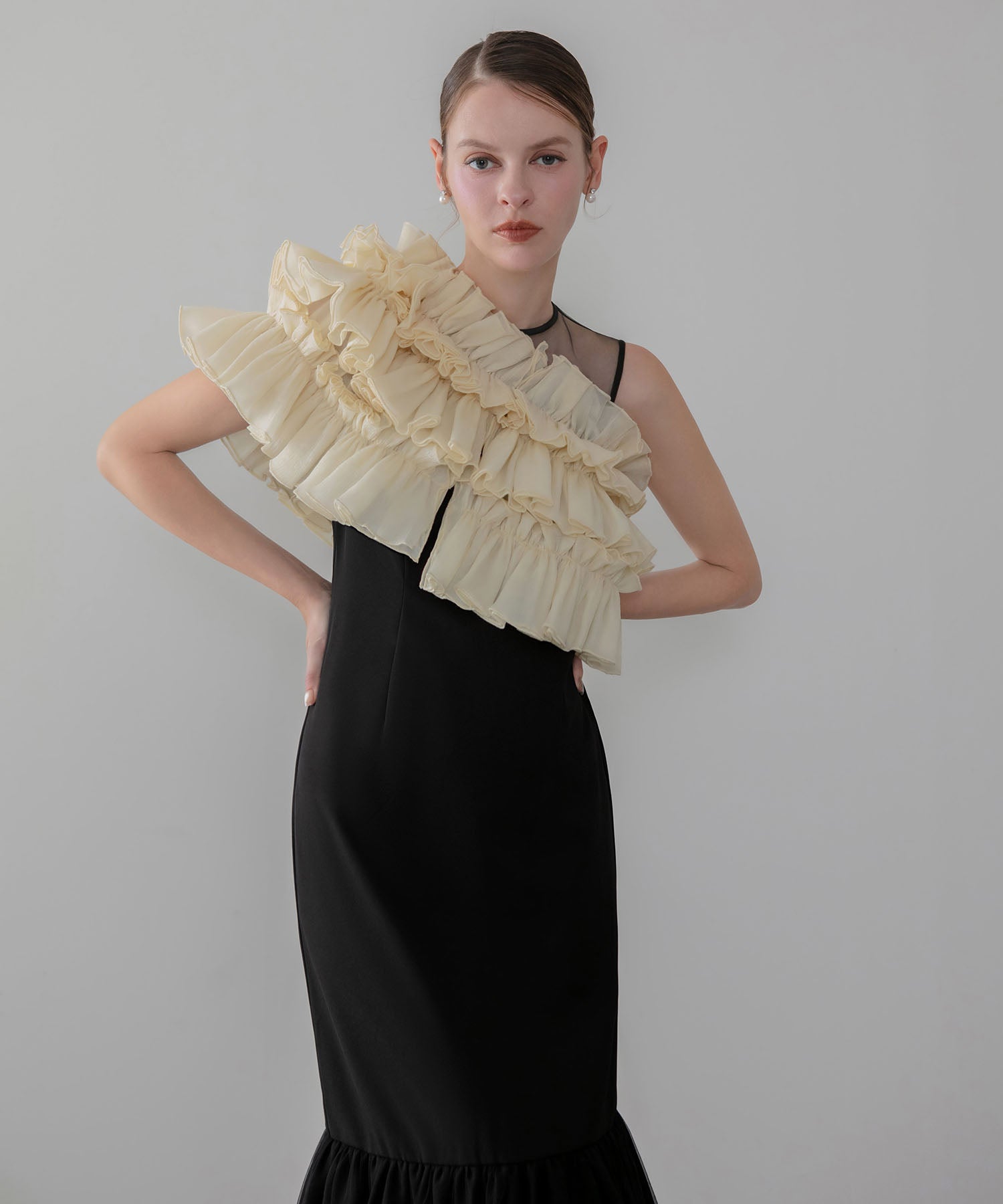 【COMING SOON】3WAYアシンメトリーチュールフリルワンピースドレス