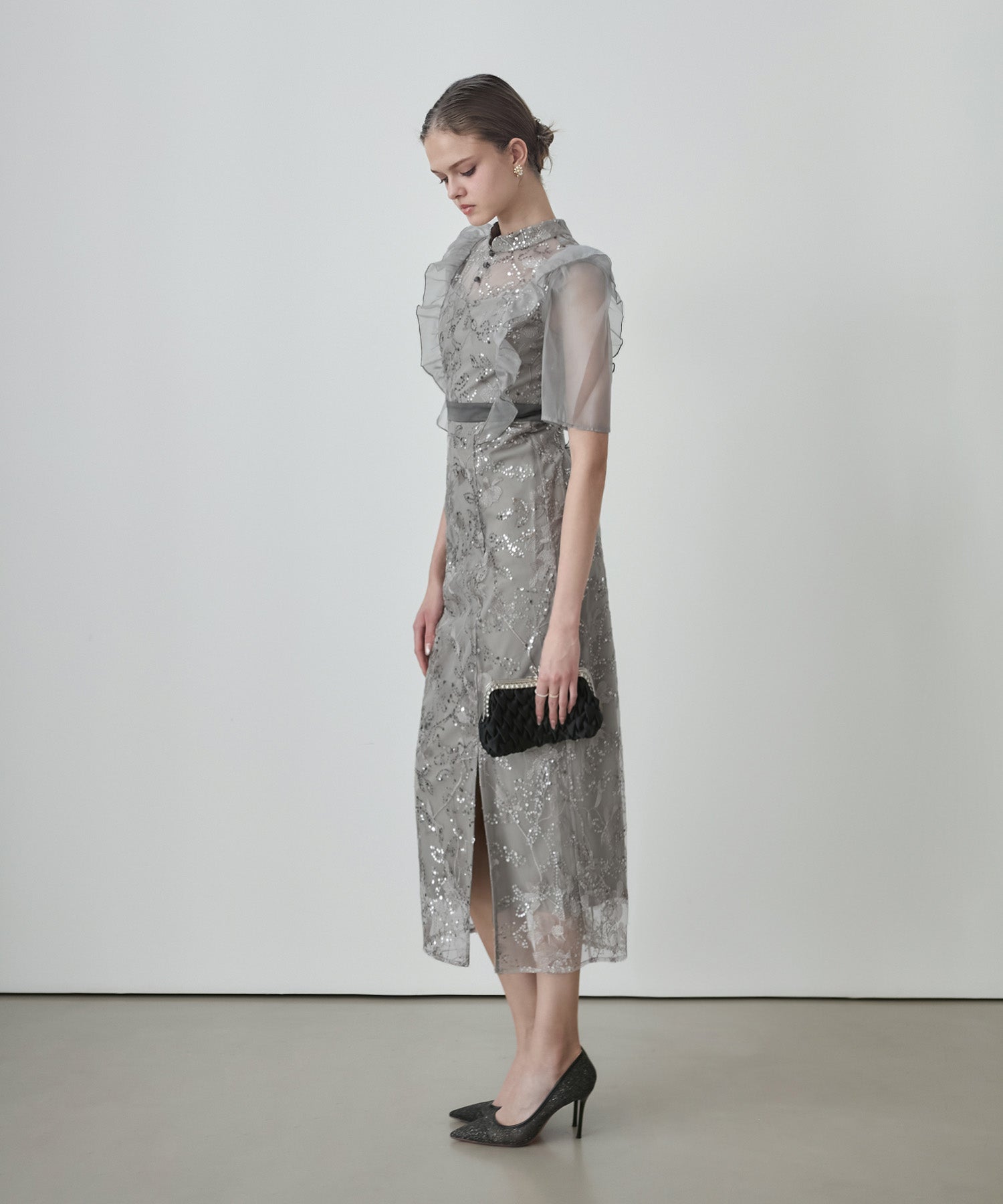 【当日発送】フラワースパンコールシアーフリルIラインワンピースドレス