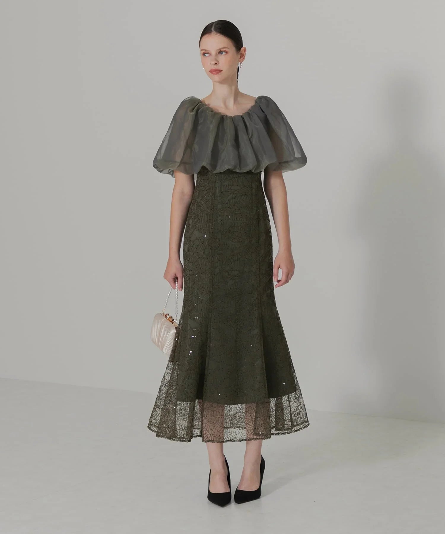 【当日発送】2WAYオフショルダーパフスリーブマーメイドワンピースドレス