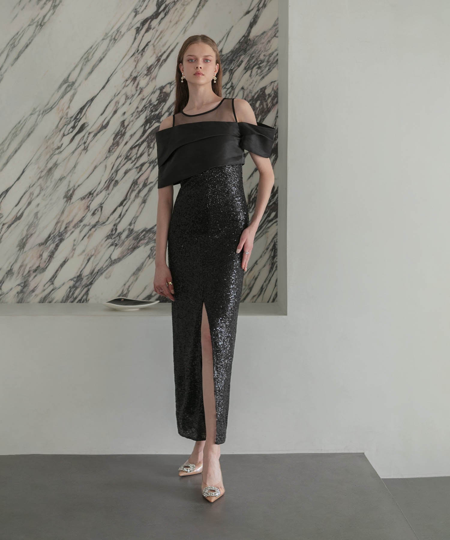 【LEJA LUXE】シースルーアシンメトリースパンコールスリットIラインドレス