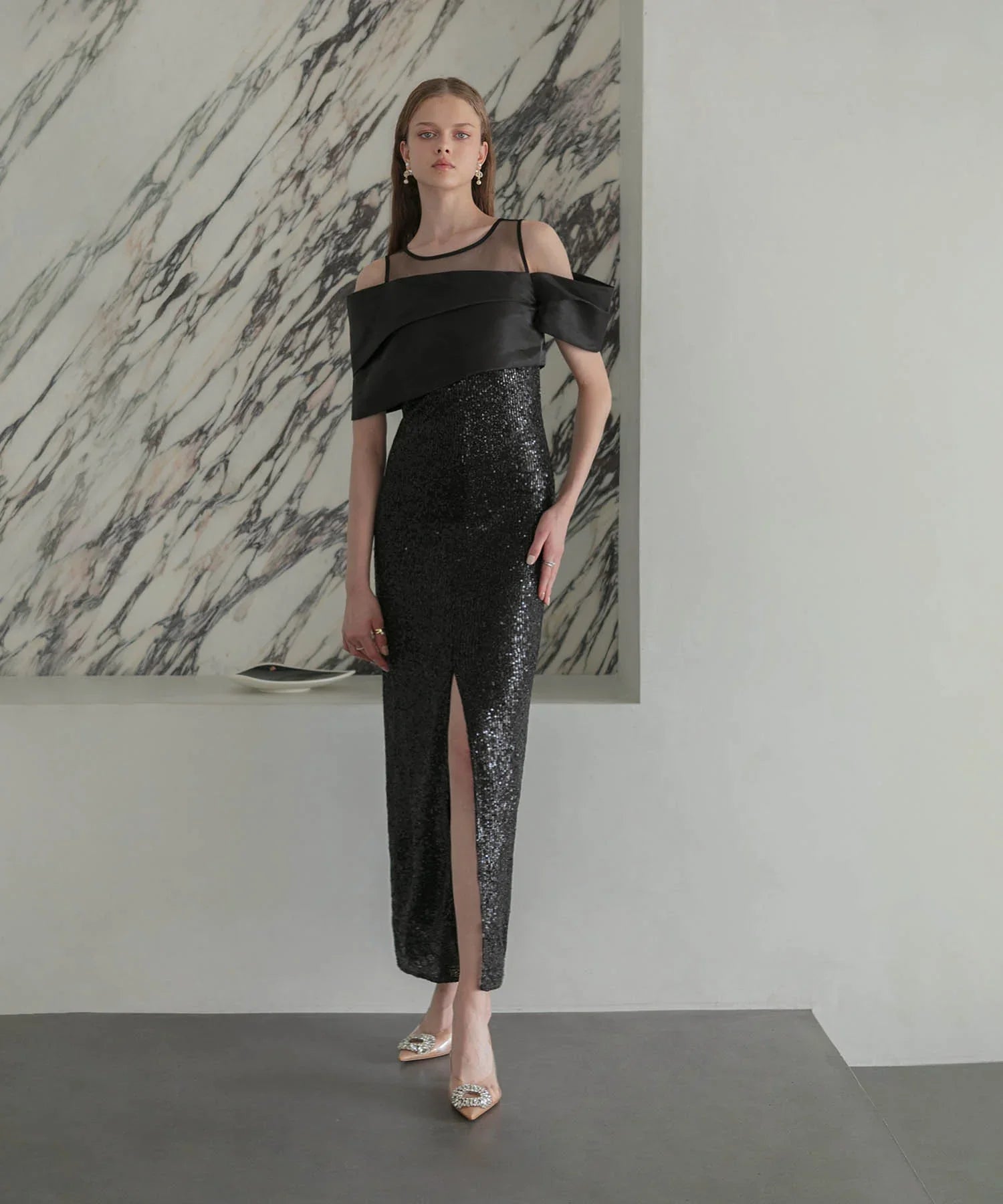 【LEJA LUXE】シースルーアシンメトリースパンコールスリットIラインドレス