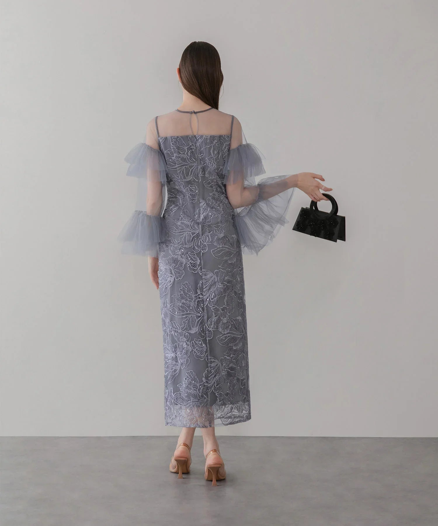 【当日発送】フリルチュールスリーブレースIラインワンピースドレス