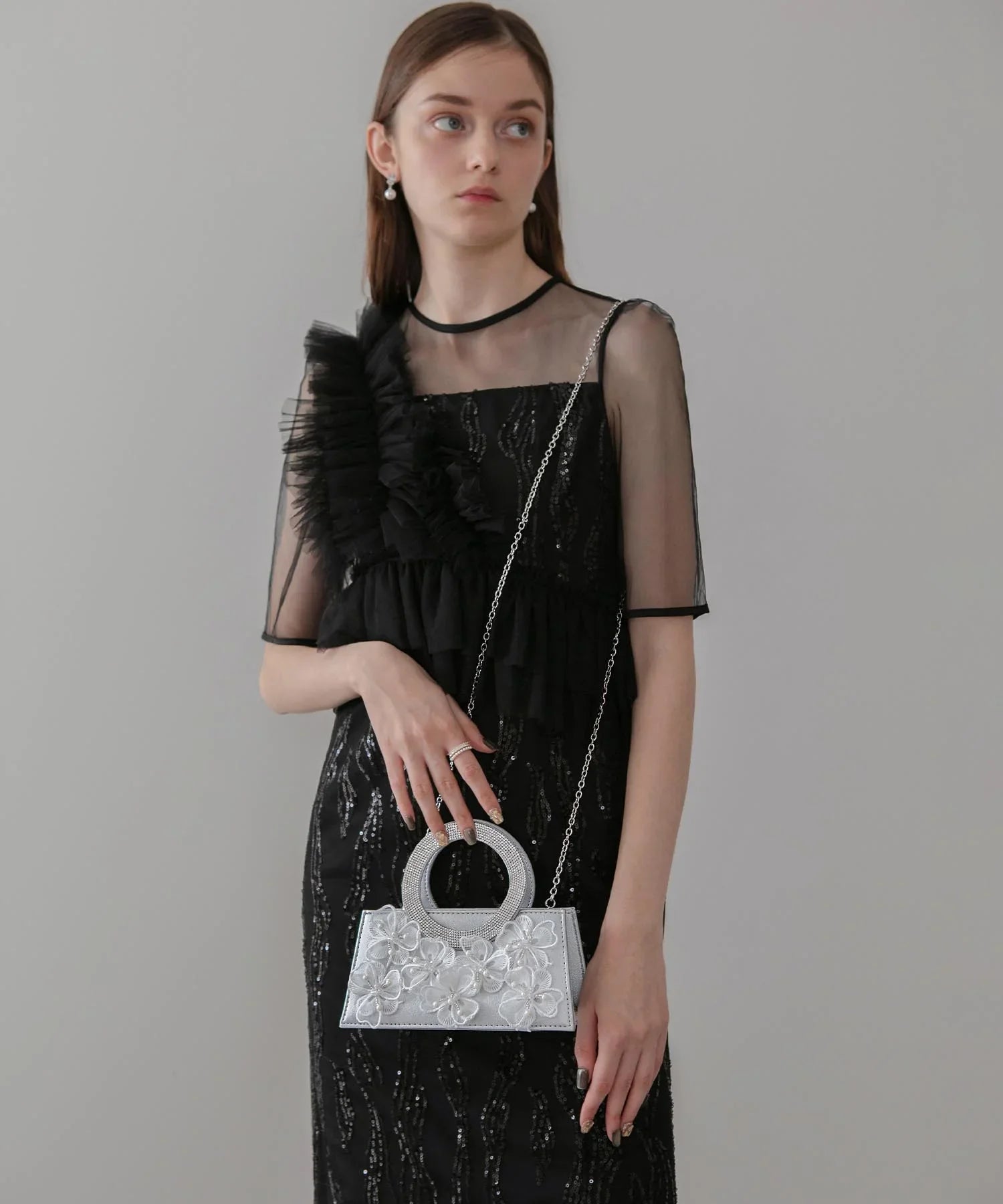 【一部当日発送】フラワービジューラウンドハンドル2wayバッグ