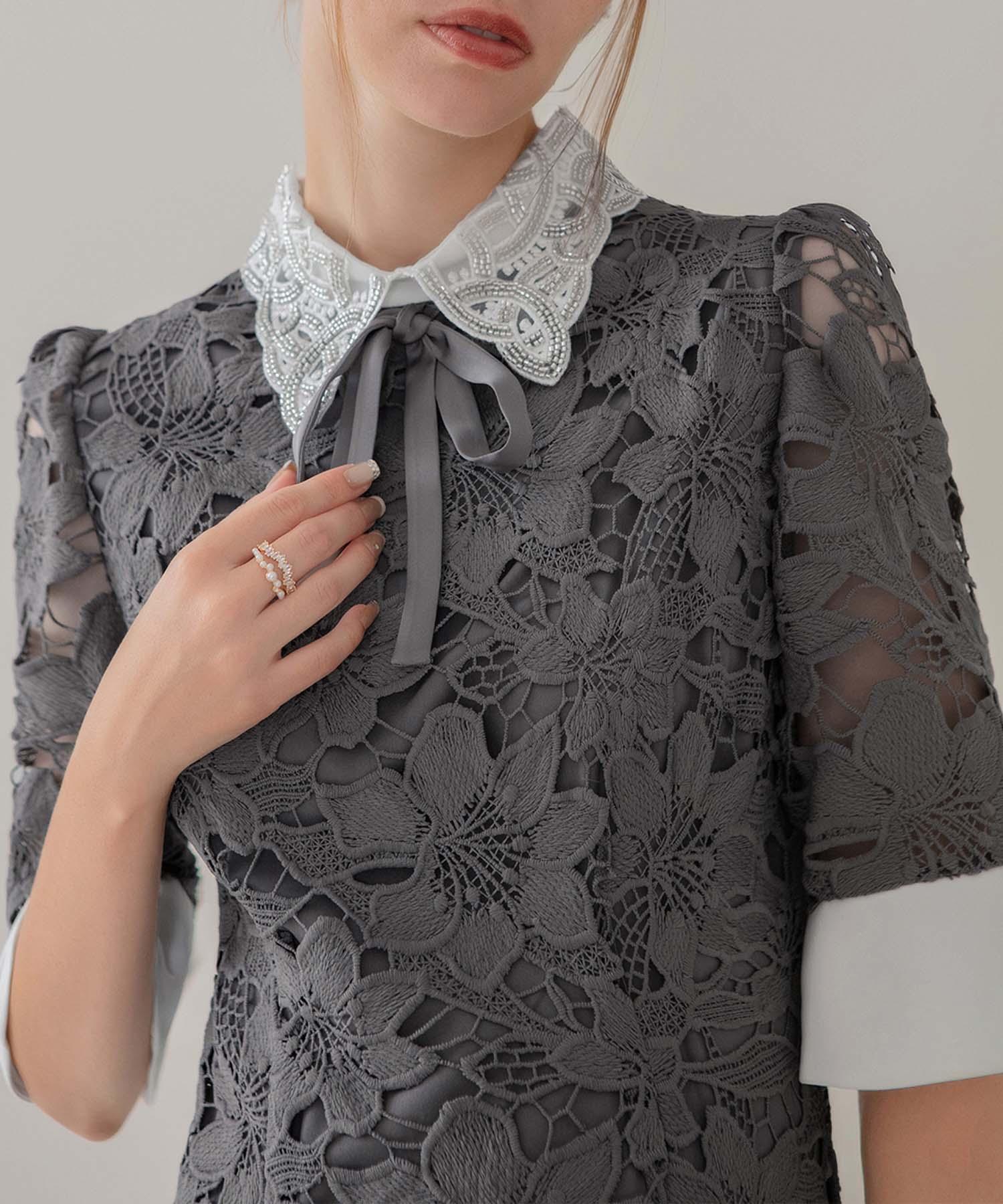 【一部当日発送】パールカラーボウタイフラワーレースフィッシュテールワンピースドレス