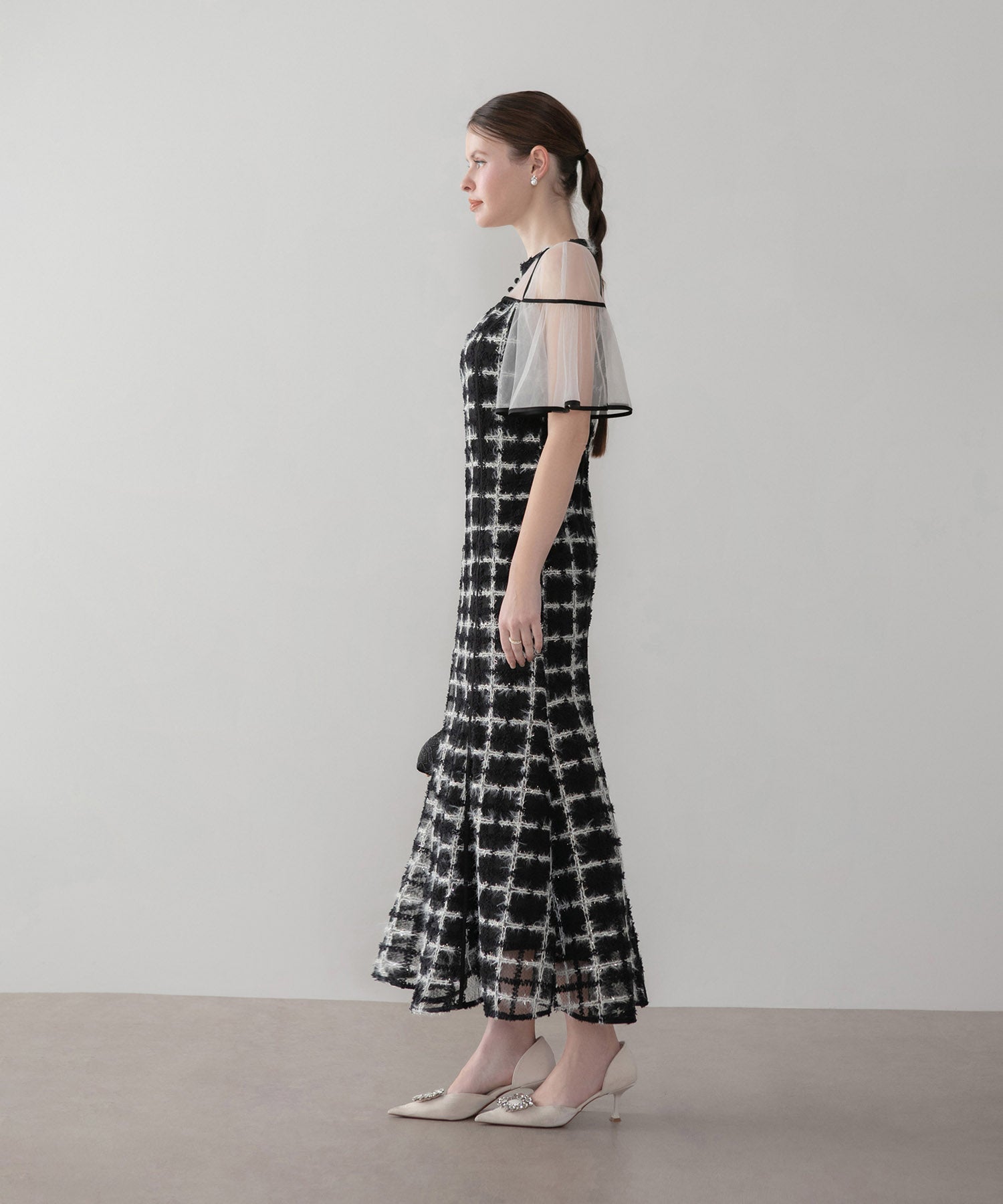 【当日発送】ラメシャギーツイードチェックフリルマーメイドワンピースドレス