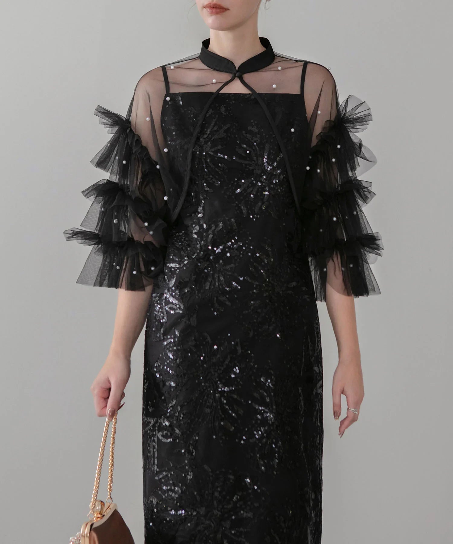 【当日発送】パールフリルチュールボレロレイヤードIラインワンピースドレス