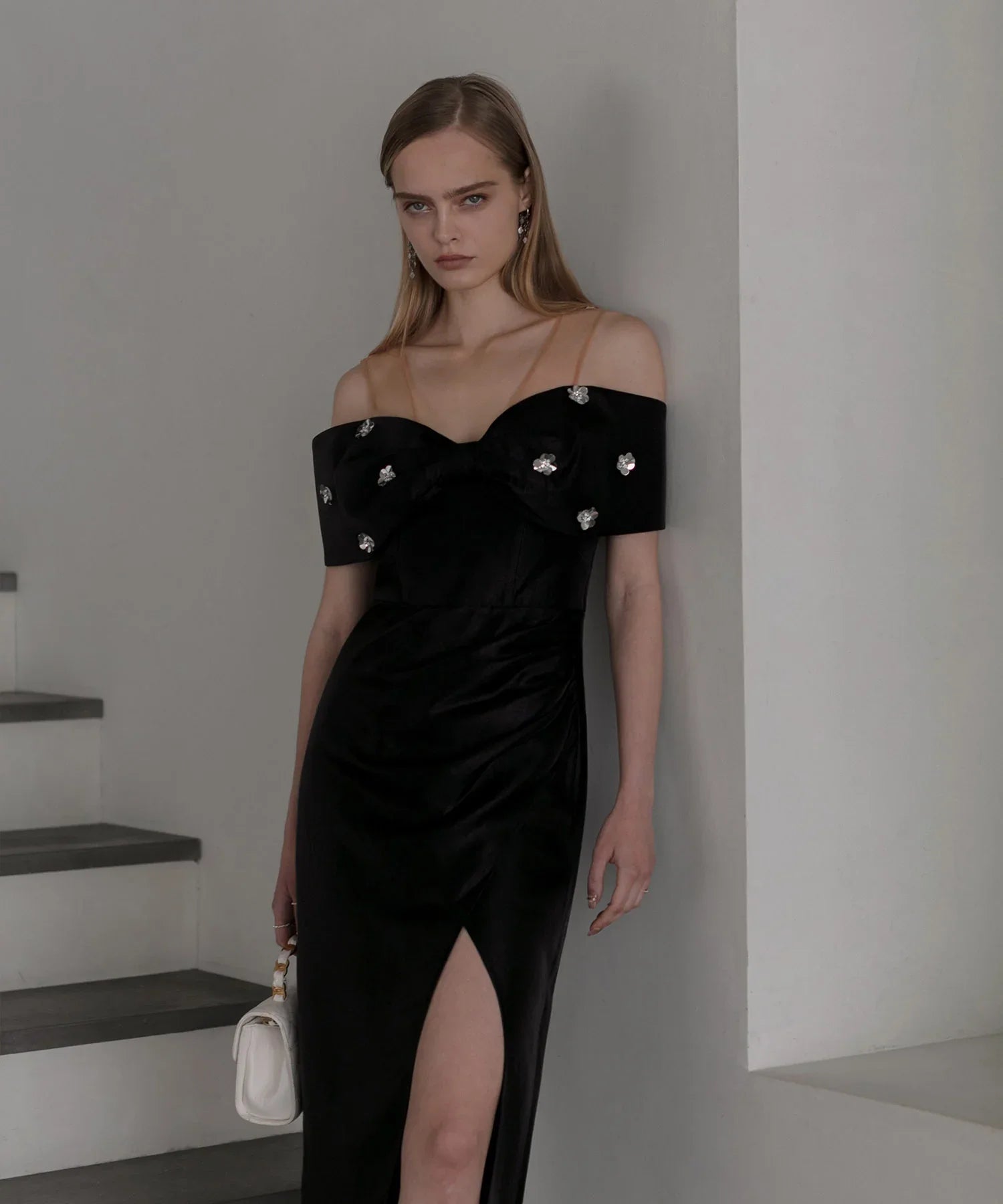 【LEJA LUXE】2WAYフラワーオフショルダースリットドレス