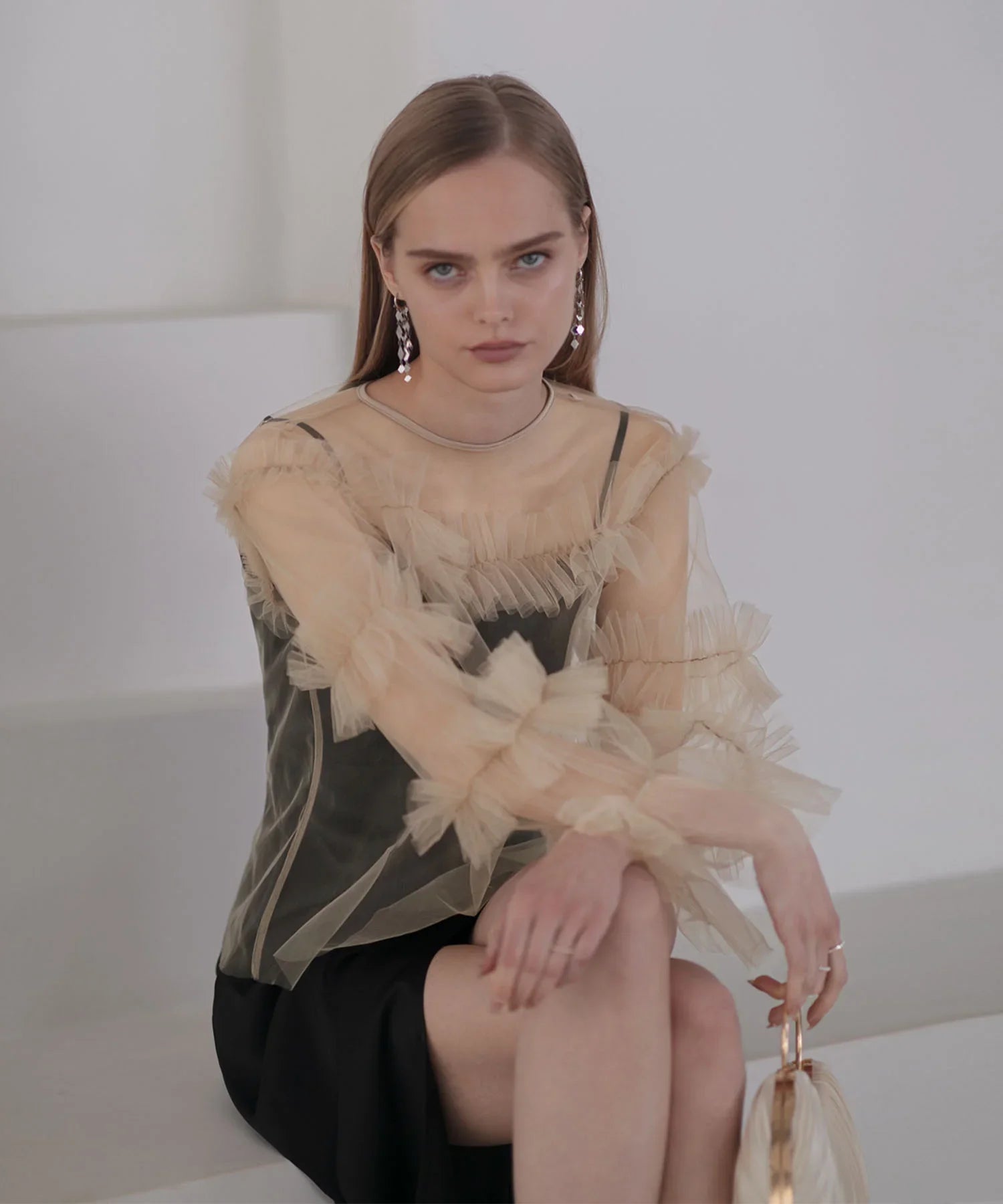 【SOLD OUT】チュールフリルペイントマーメイドワンピースドレス