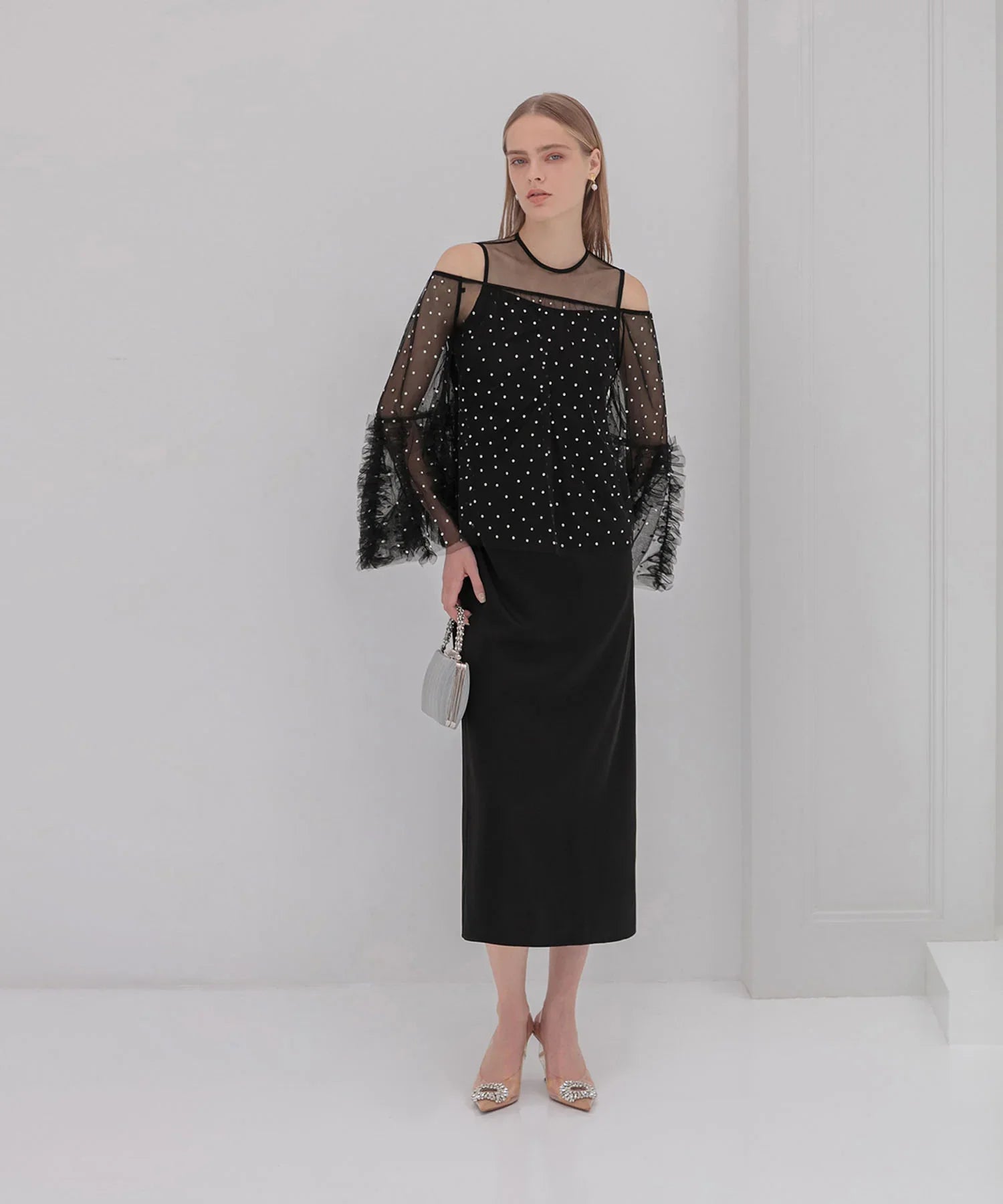 【当日発送】ドットストーンオフショルIラインワンピースドレス