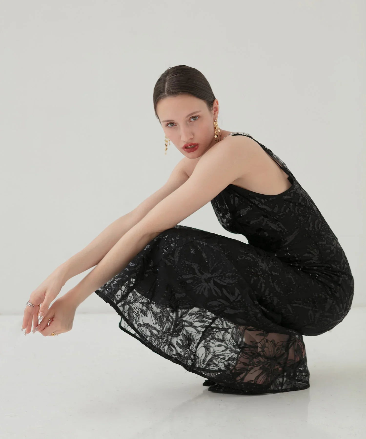 【LEJA LUXE】Beaded halter neck botanical mermaid dress