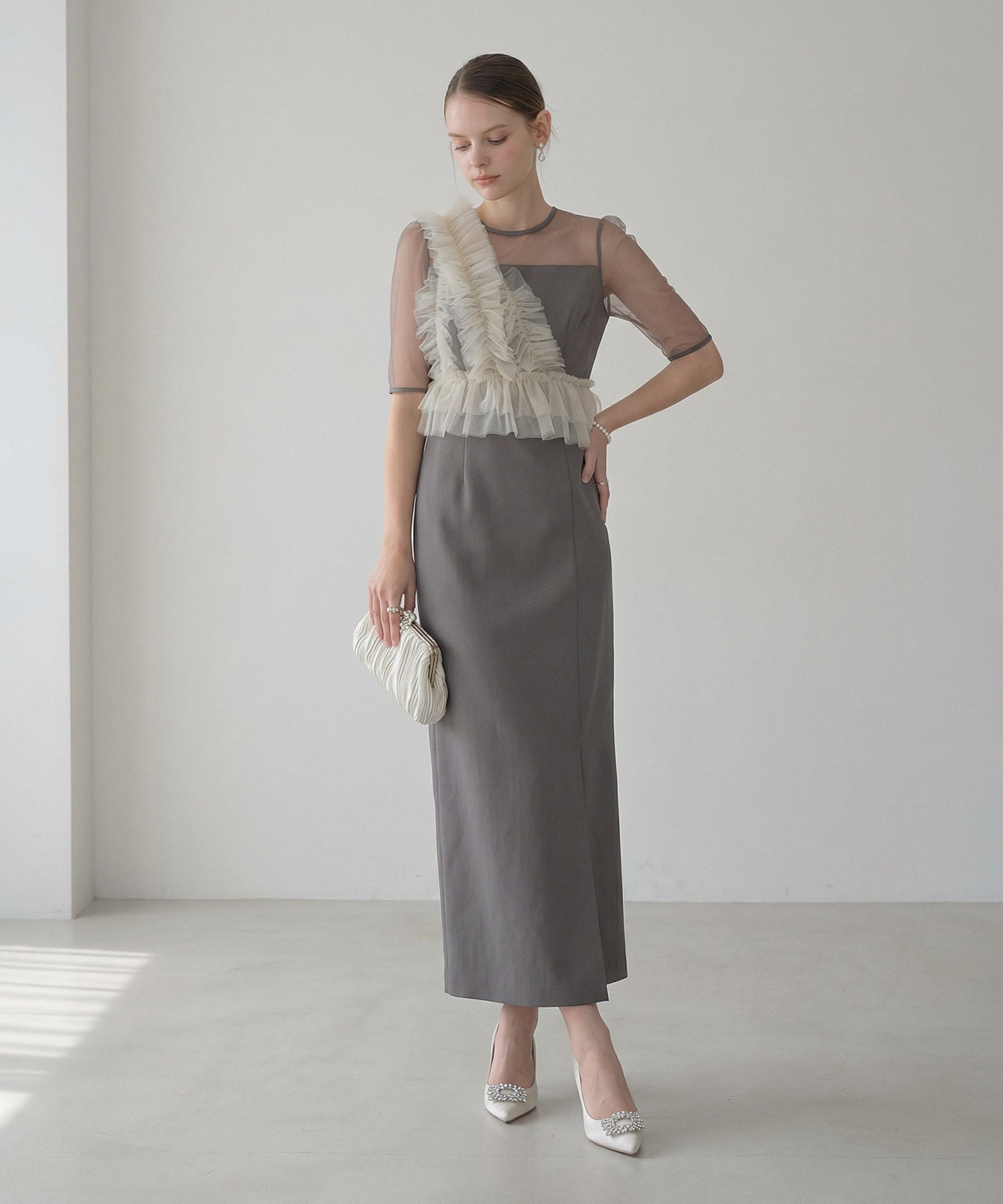 【当日発送】アシンメトリーフリルチュールIラインワンピースドレス